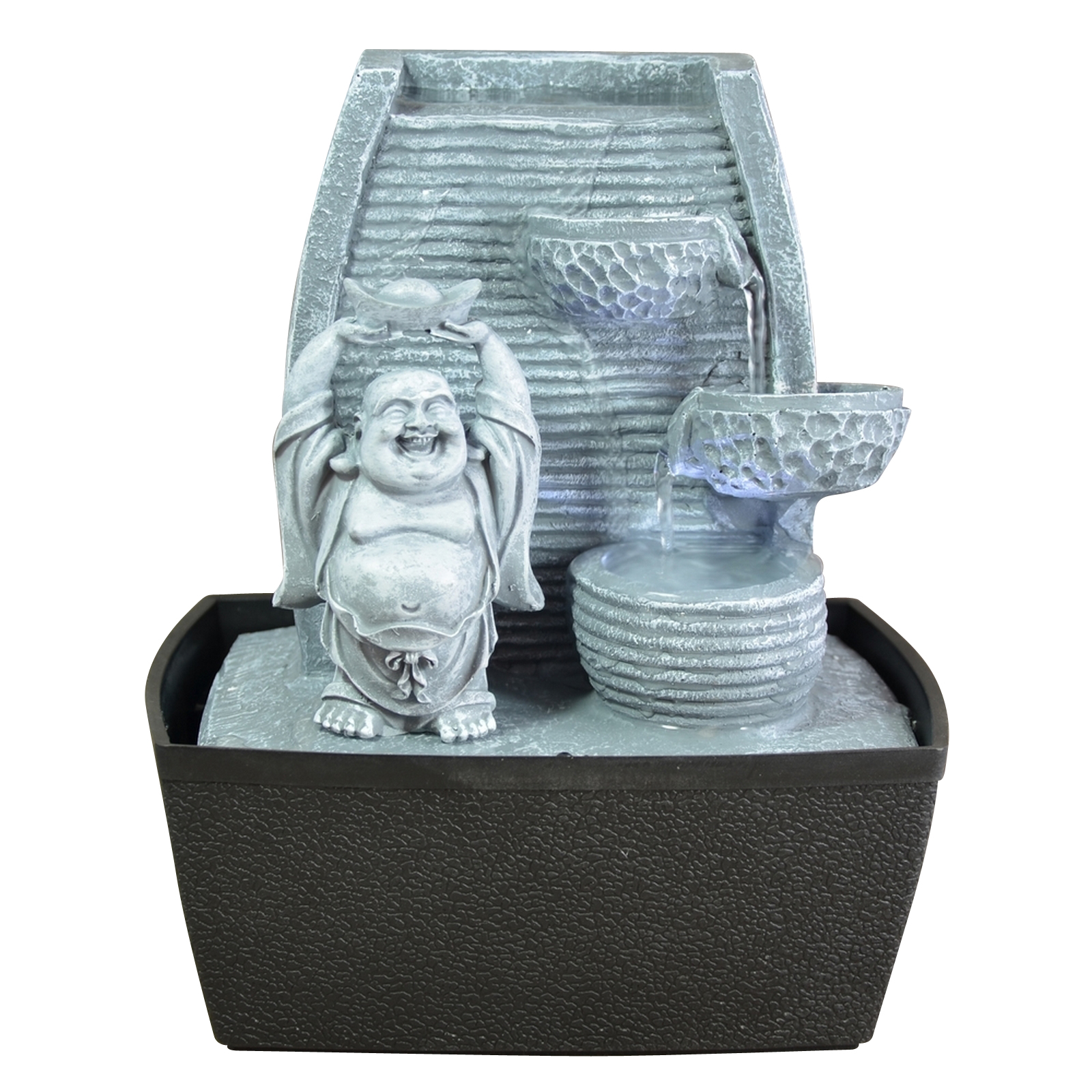 Fontaine Zen avec bouddha amovible en résine gris et éclairage - H26