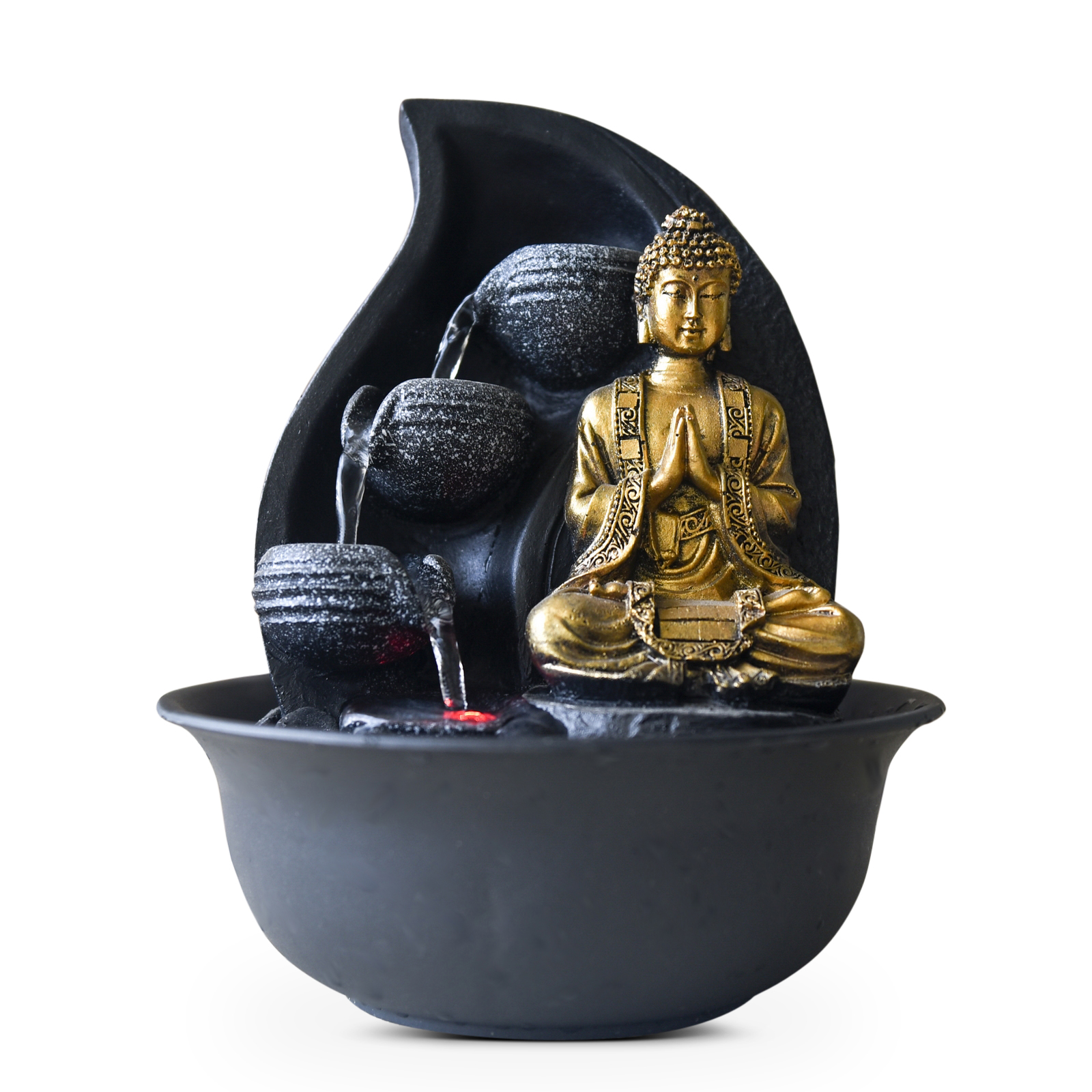 Fontaine Bouddha Zen en résine grise et Bouddha doré - H22 cm