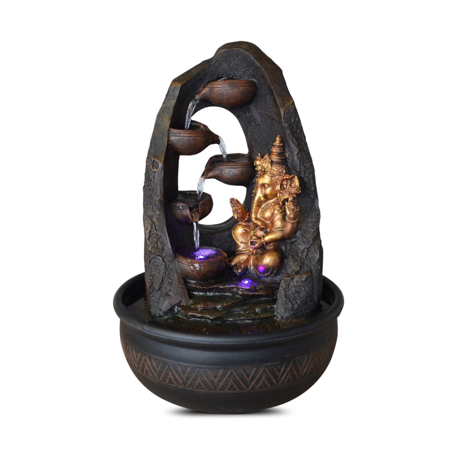 Fontaine bouddha Ganesh en résine marron et doré - H40 cm