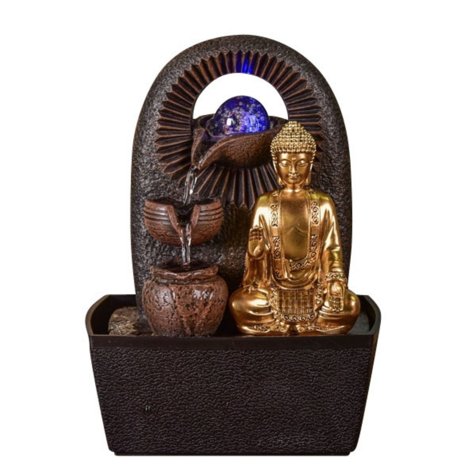Fontaine Zen et Statue Bouddha Amovible en résine marron et doré - H25