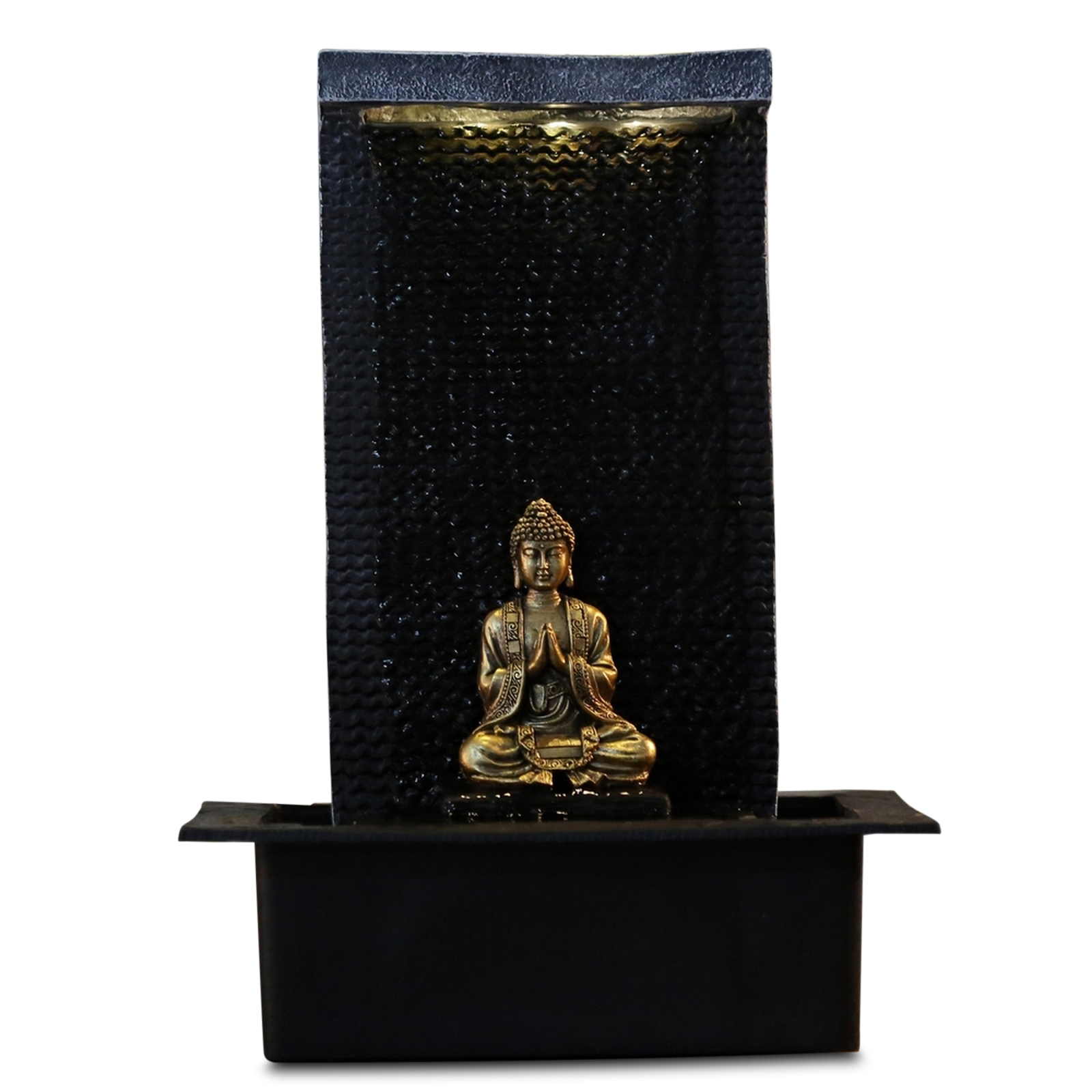 Fontaine Zen Mur d'eau et bouddha amovible en résine noir et doré- H40
