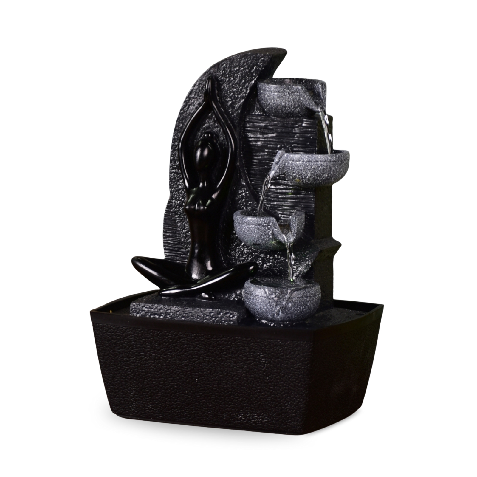 Fontaine Cascade et Femme Yoga avec led en résine noir - H25cm