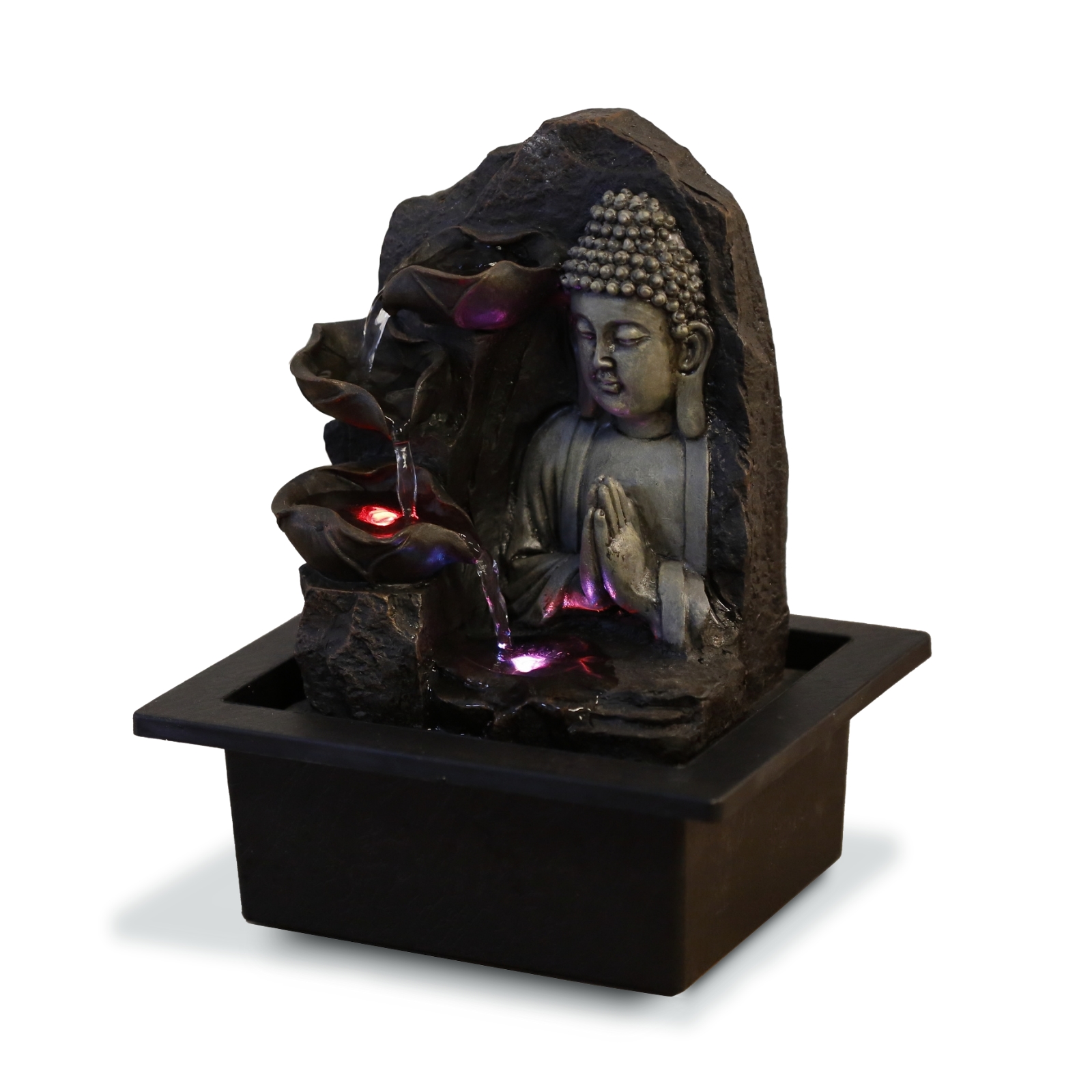 Fontaine bouddha et 3 Cascades de lotus en résine marron - H26 cm