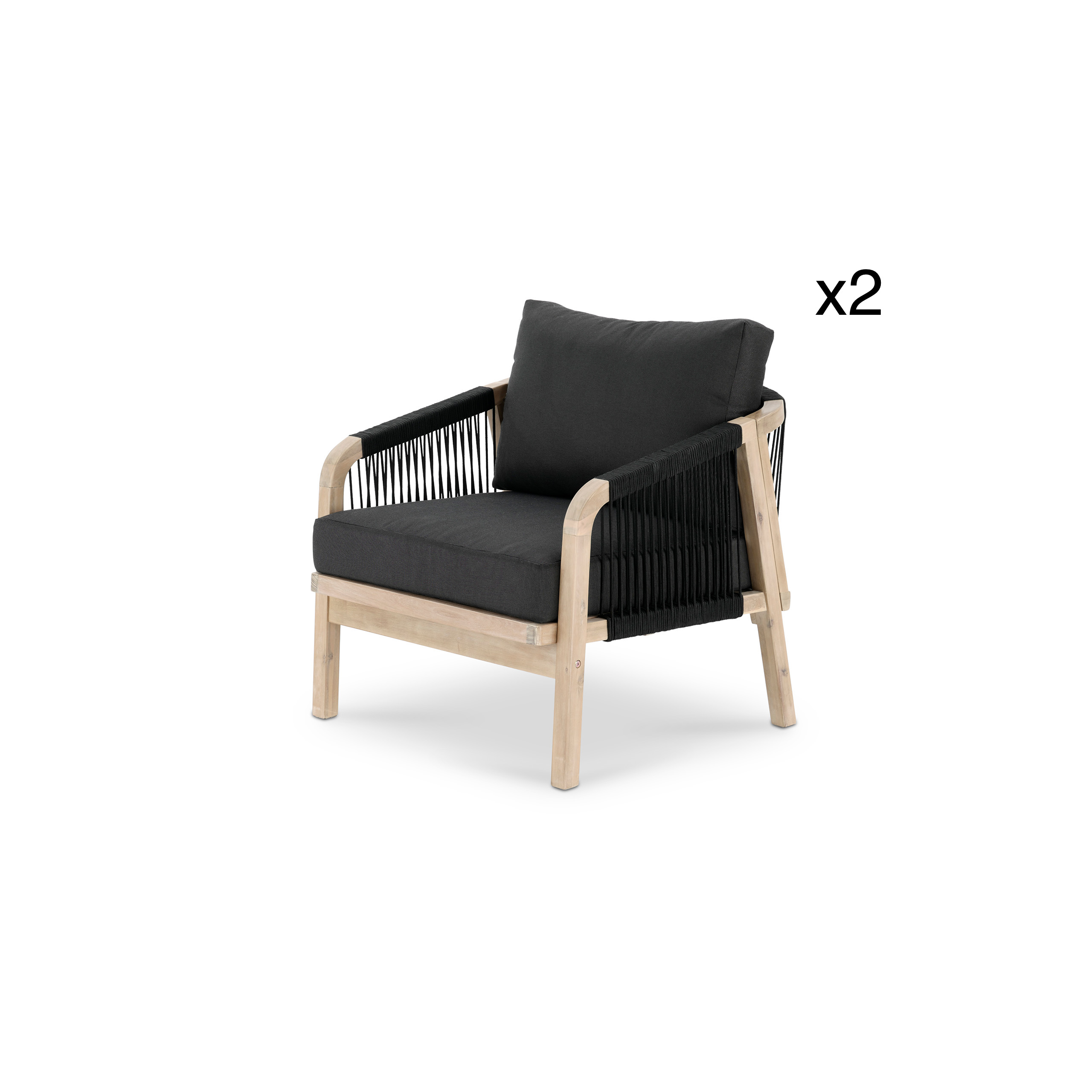 Lot de 2 fauteuils en bois d'acacia noir et corde tressée