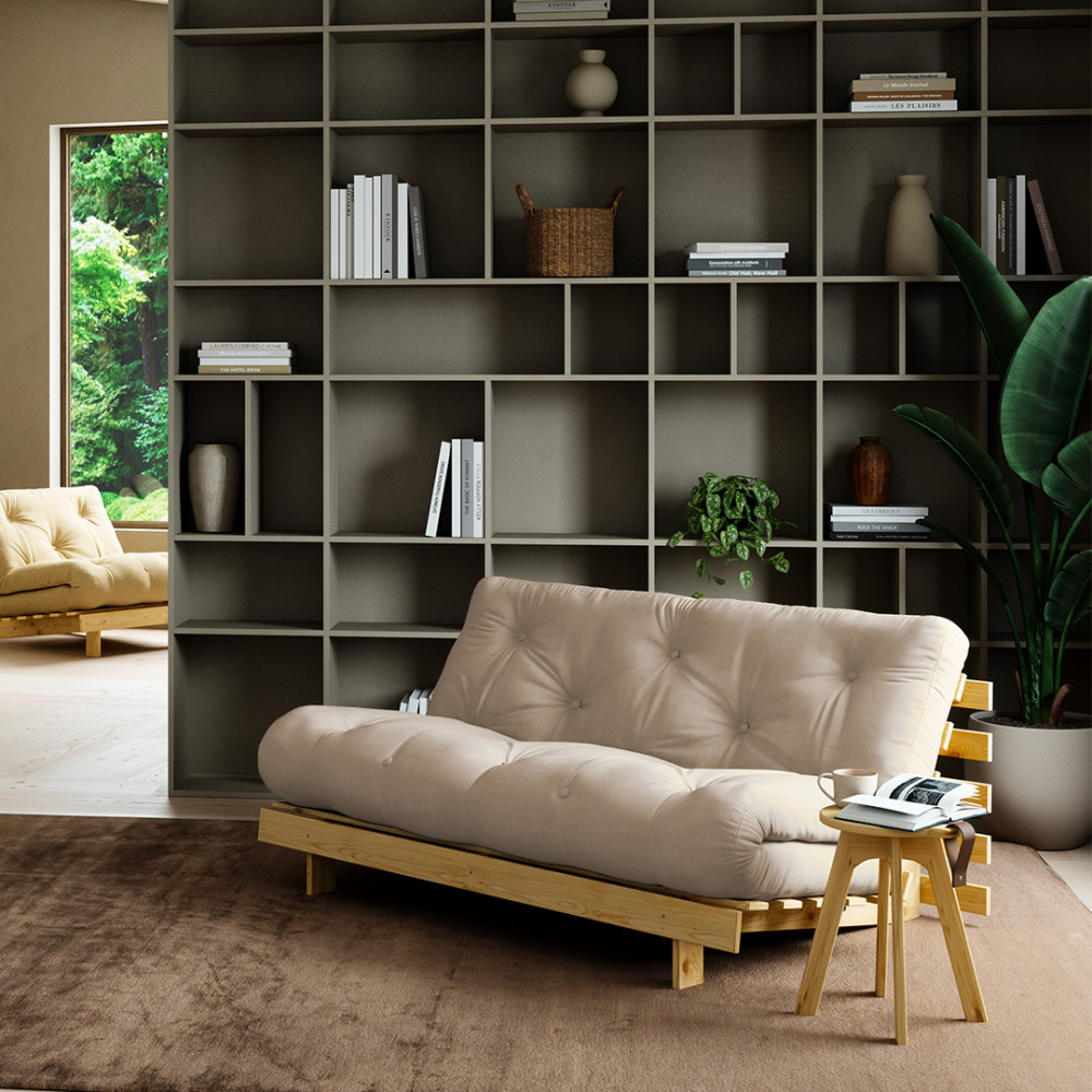 Canapé convertible 160x200cm en bois naturel et tissu beige 2 places - Vue supplémentaire 1