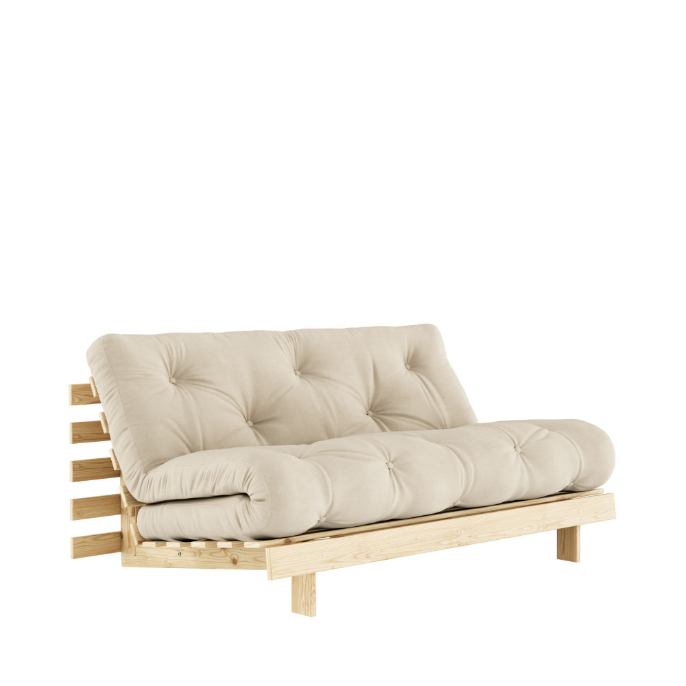 Canapé convertible 160x200cm en bois naturel et tissu beige 2 places - Vue supplémentaire 2