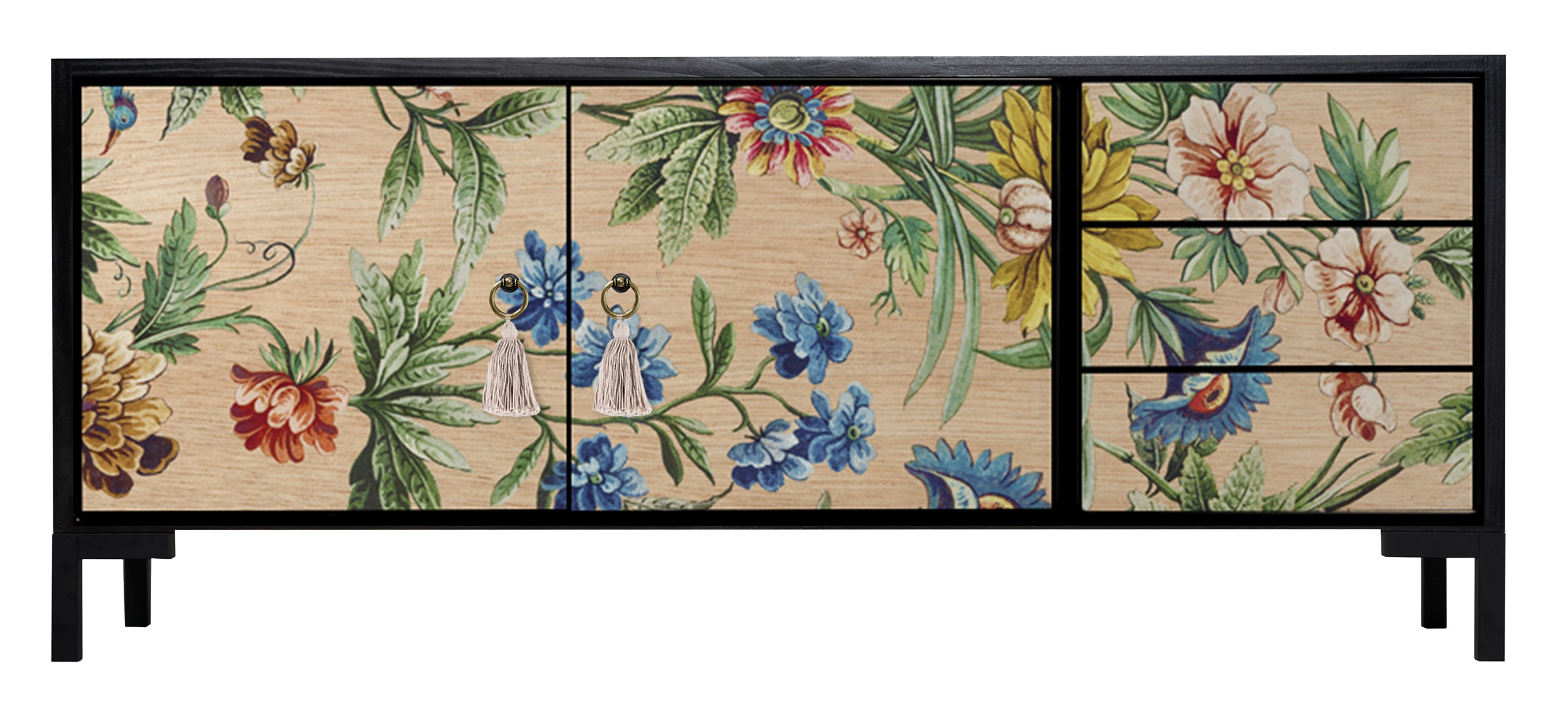 Meuble TV 2 portes 3 tirois laqué MDF imprimé floral