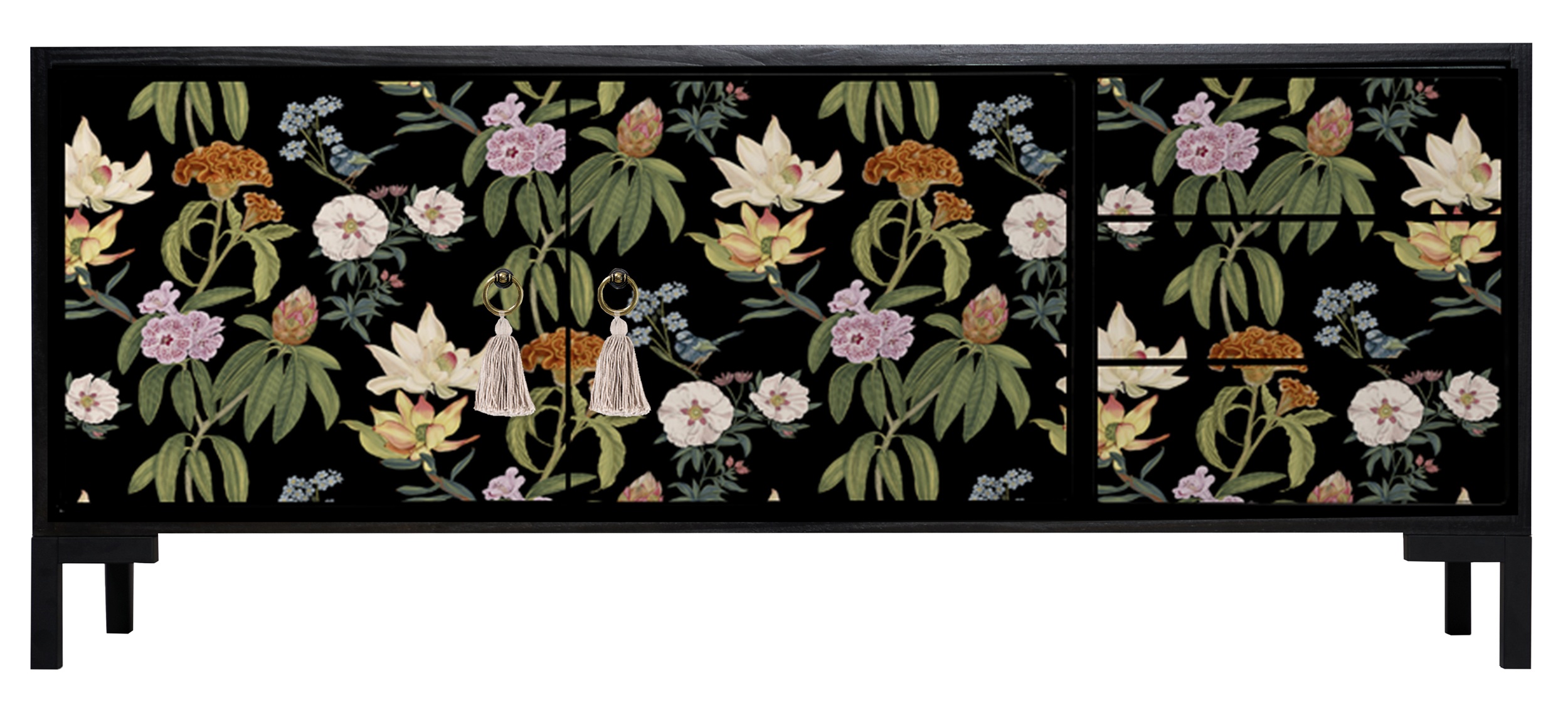 Meuble TV 2 portes 3 tirois laqué MDF imprimé floral sur fond noir