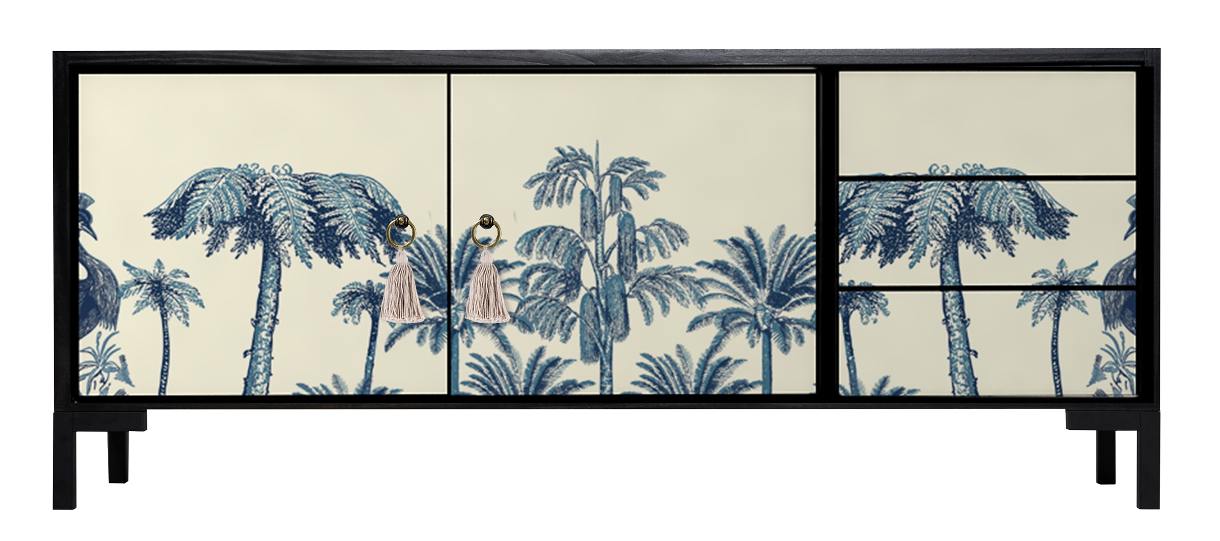 Meuble TV 2 portes 3 tiroirs laqué MDF imprimé palmiers vintage