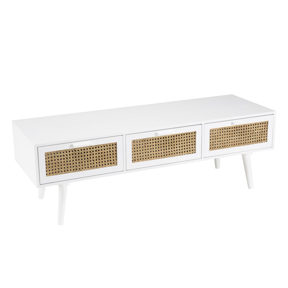 Meuble TV blanc 3 tiroirs cannage naturel