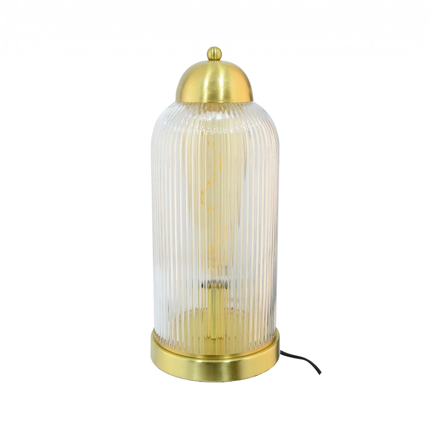 lampe en métal doré, cloche en verre strié transparent
