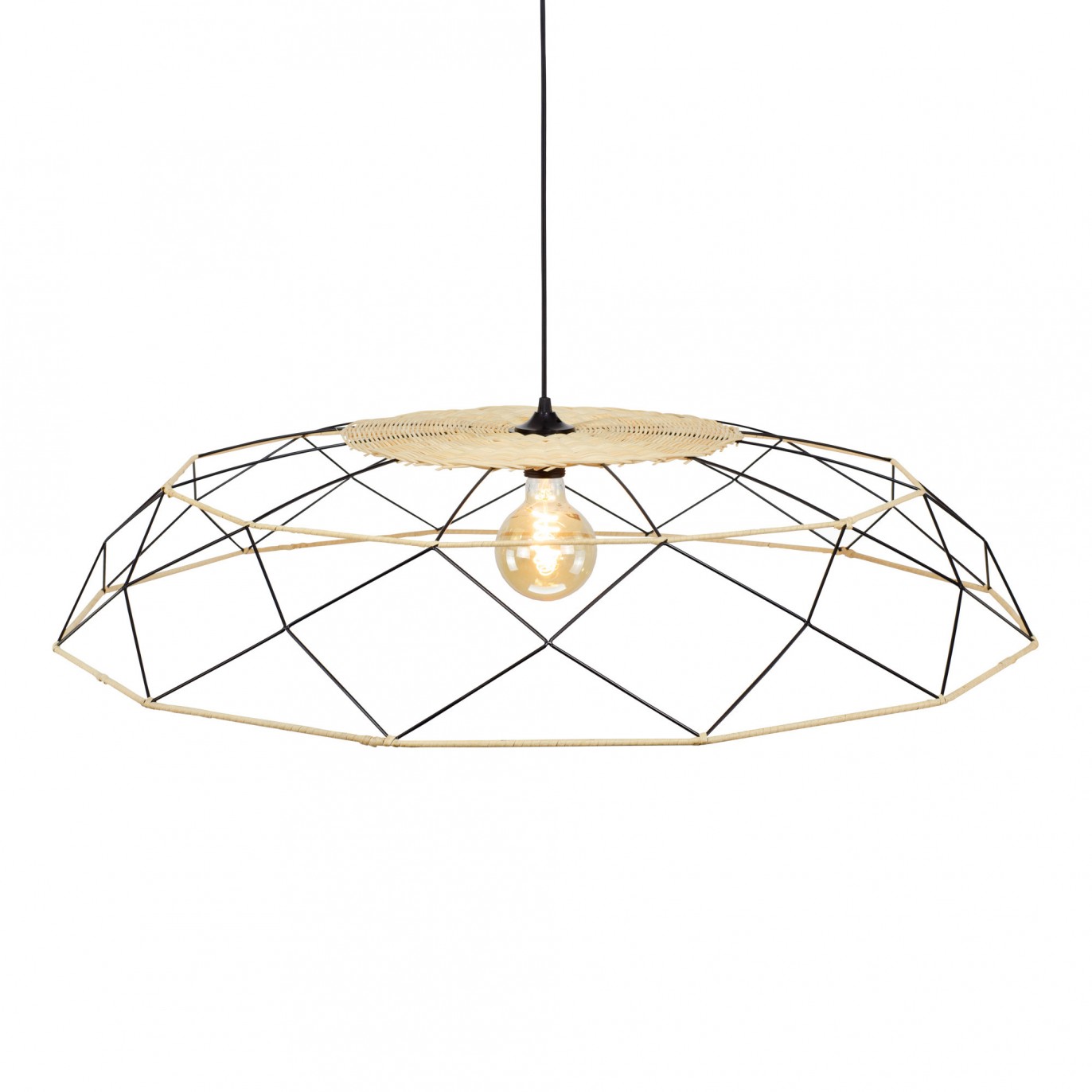 Suspension grand modèle en métal noir et rotin naturel