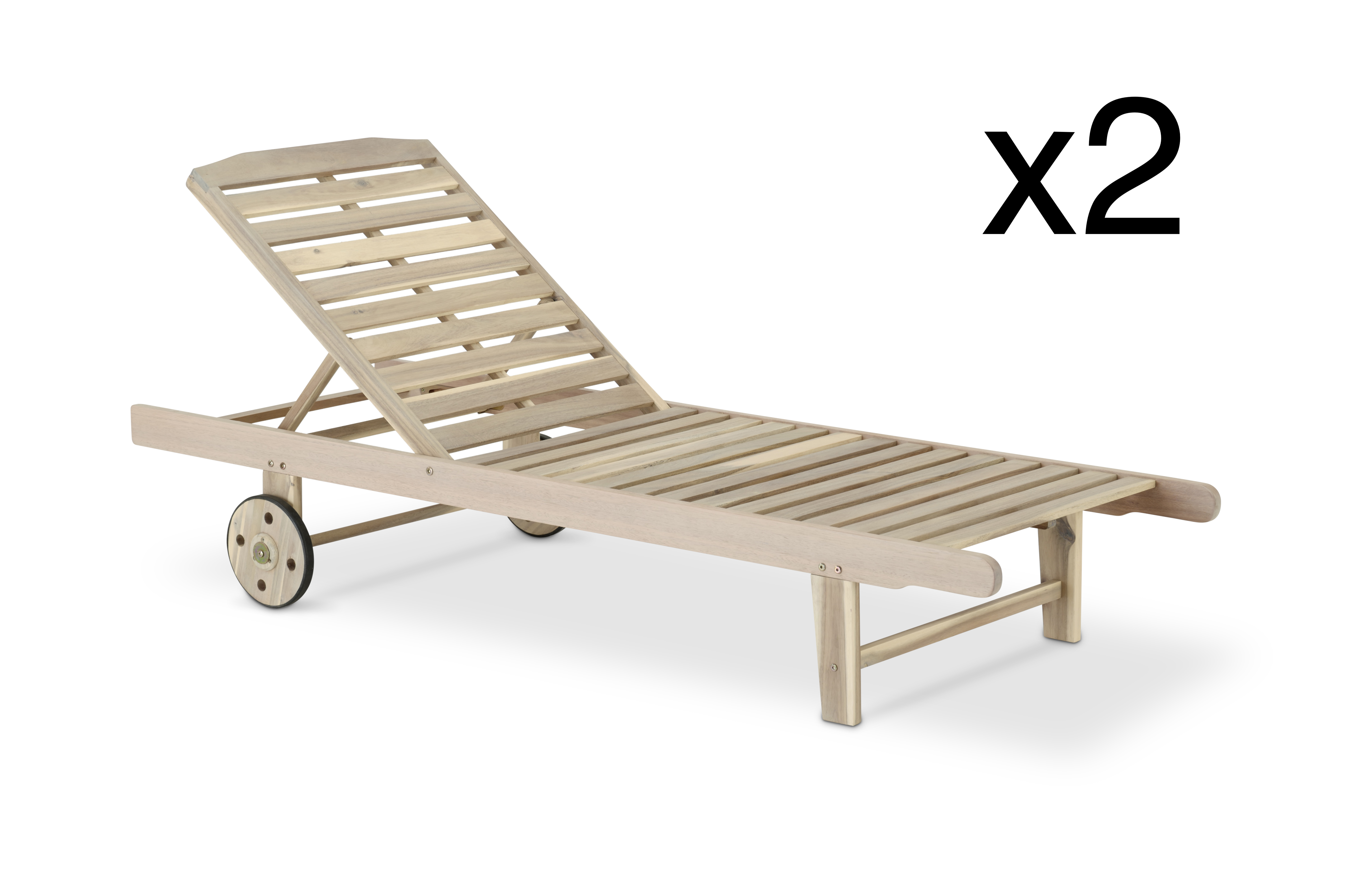 Pack 2 Chaise longue de jardin en bois avec roues