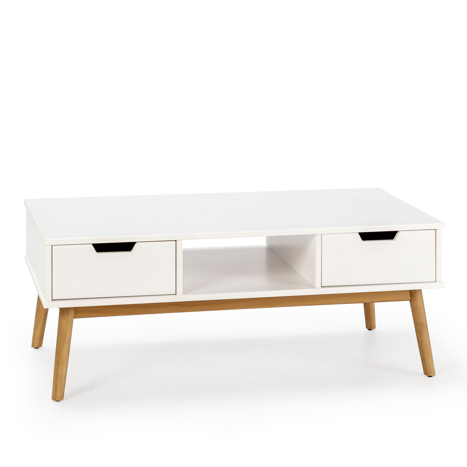 table basse blanc, fabriqué en bois de pin massif, 2 tiroirs, 110 cm