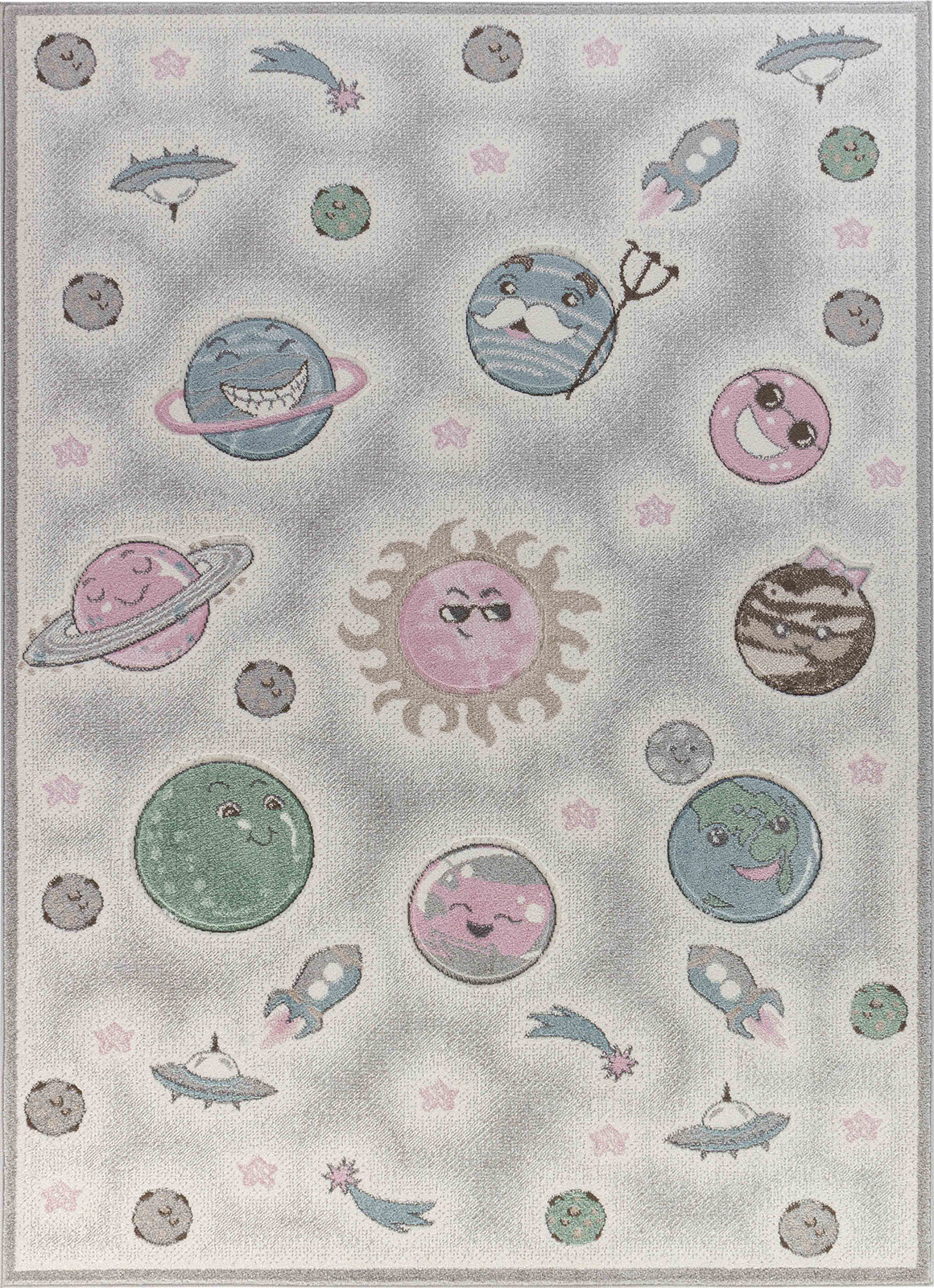 Tapis Enfant - Planètes Animées - Beige et Gris - 160x213cm