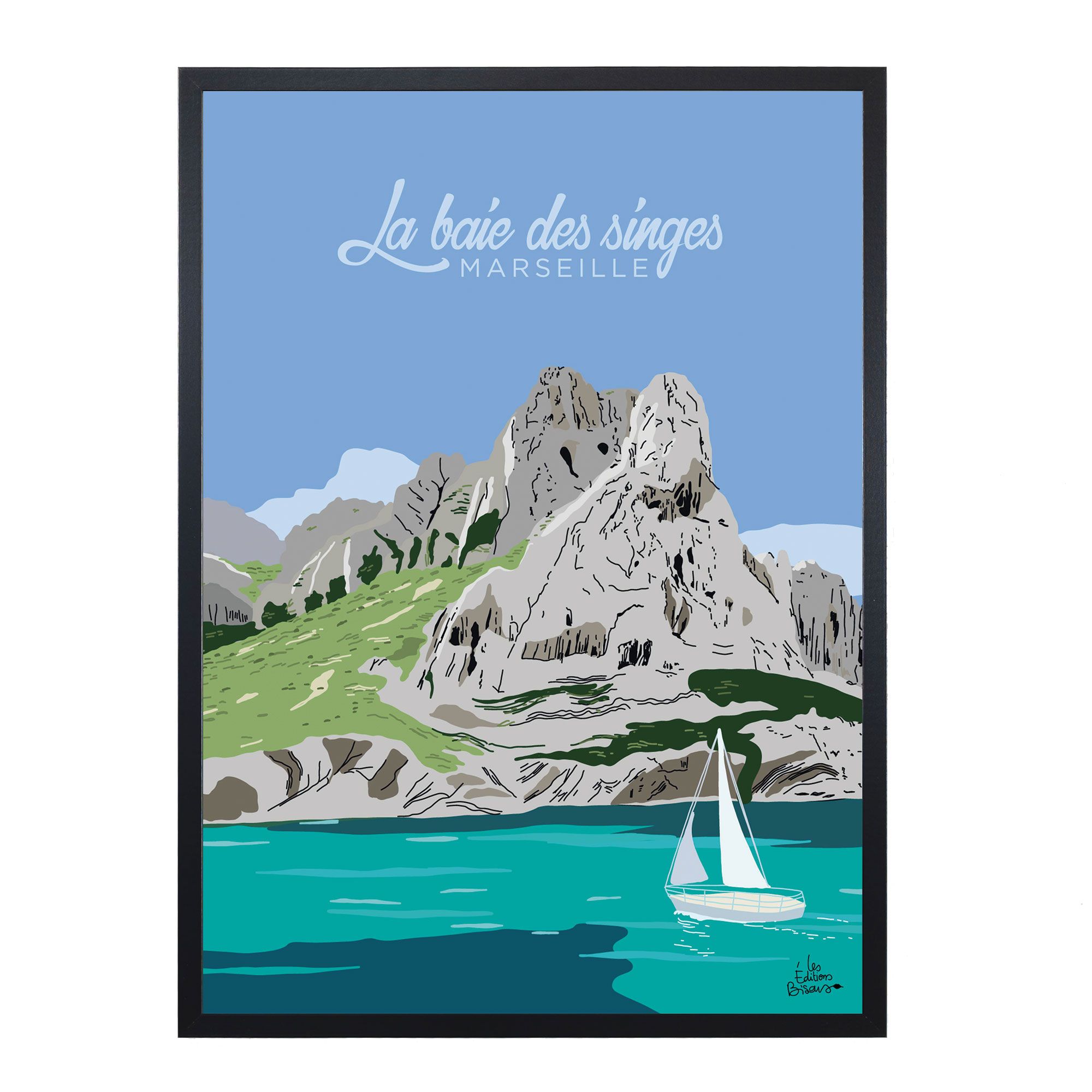 Affiche calanque Marseille sud bleu vert cadre noir 50x70 cm
