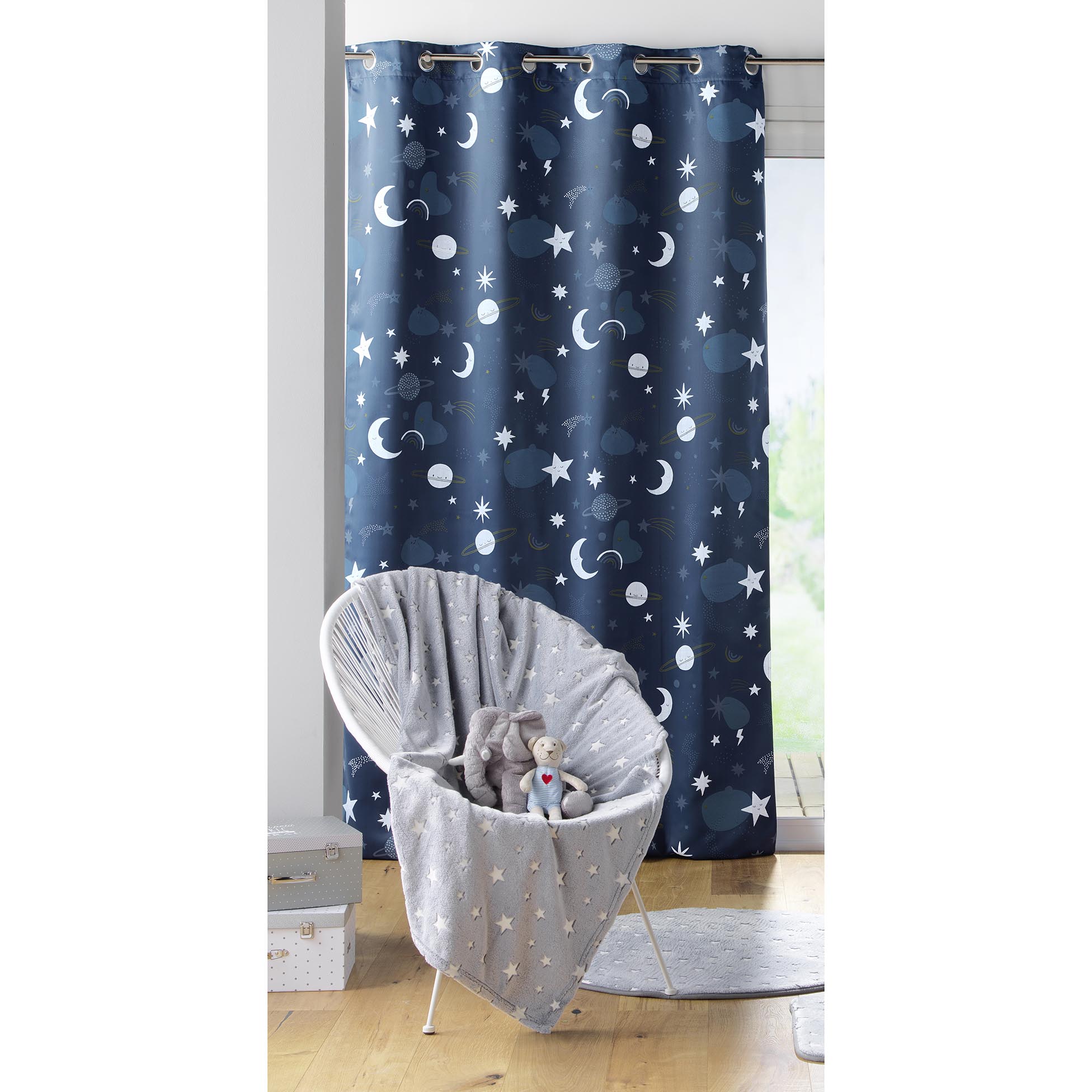 Rideau occultant enfant ambiance astrale polyester bleu 260 x 140
