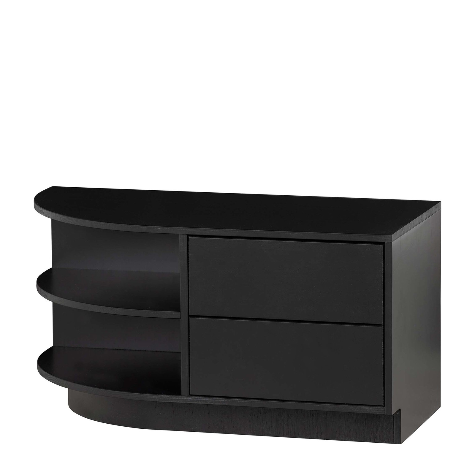 Meuble TV arrondi côté gauche en bois noir certifié FSC