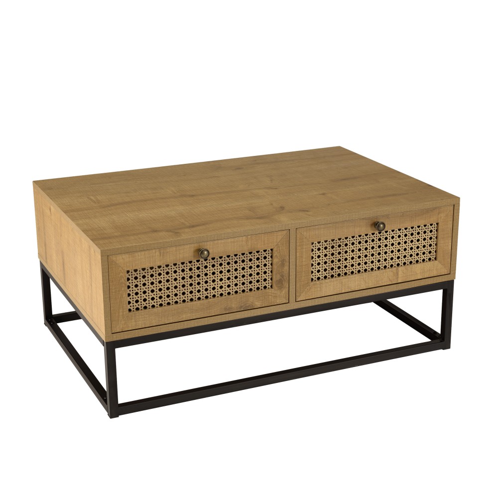 Table basse marron 4 tiroirs effet cannage pieds métal noir