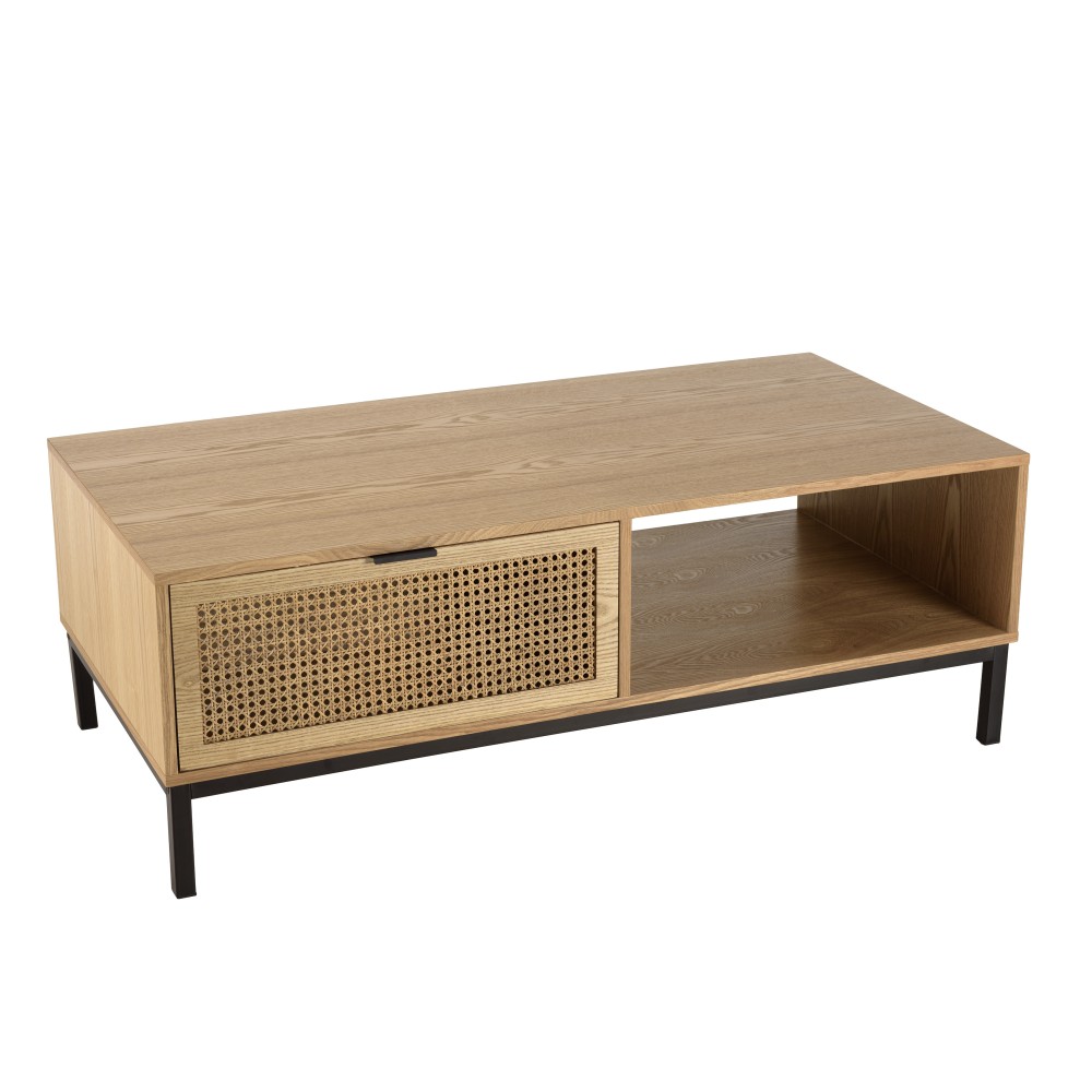 Table basse 1 niche 2 tiroirs cannage naturel pieds métal noir