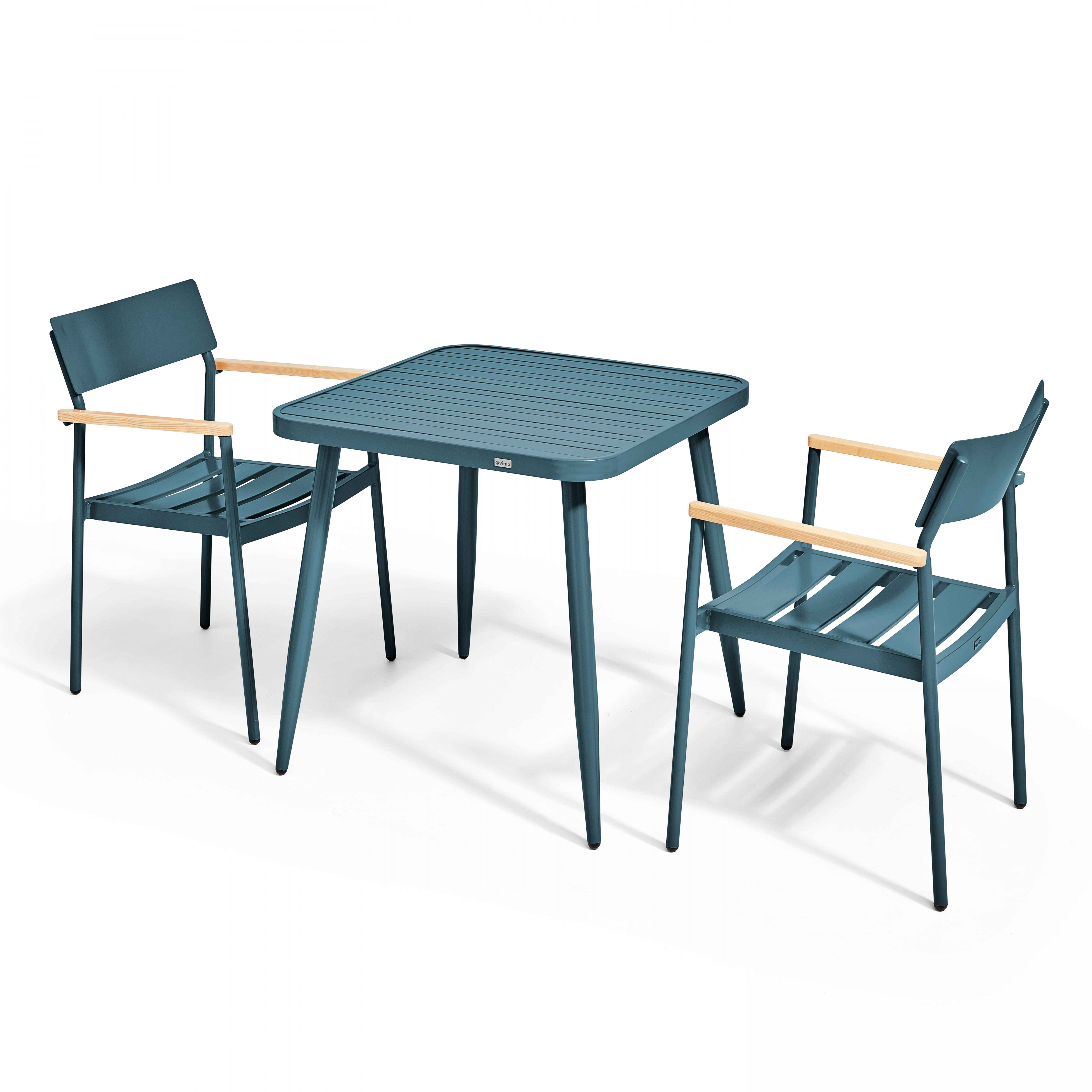 Ensemble table de jardin et 2 fauteuils en aluminium/bois bleu canard