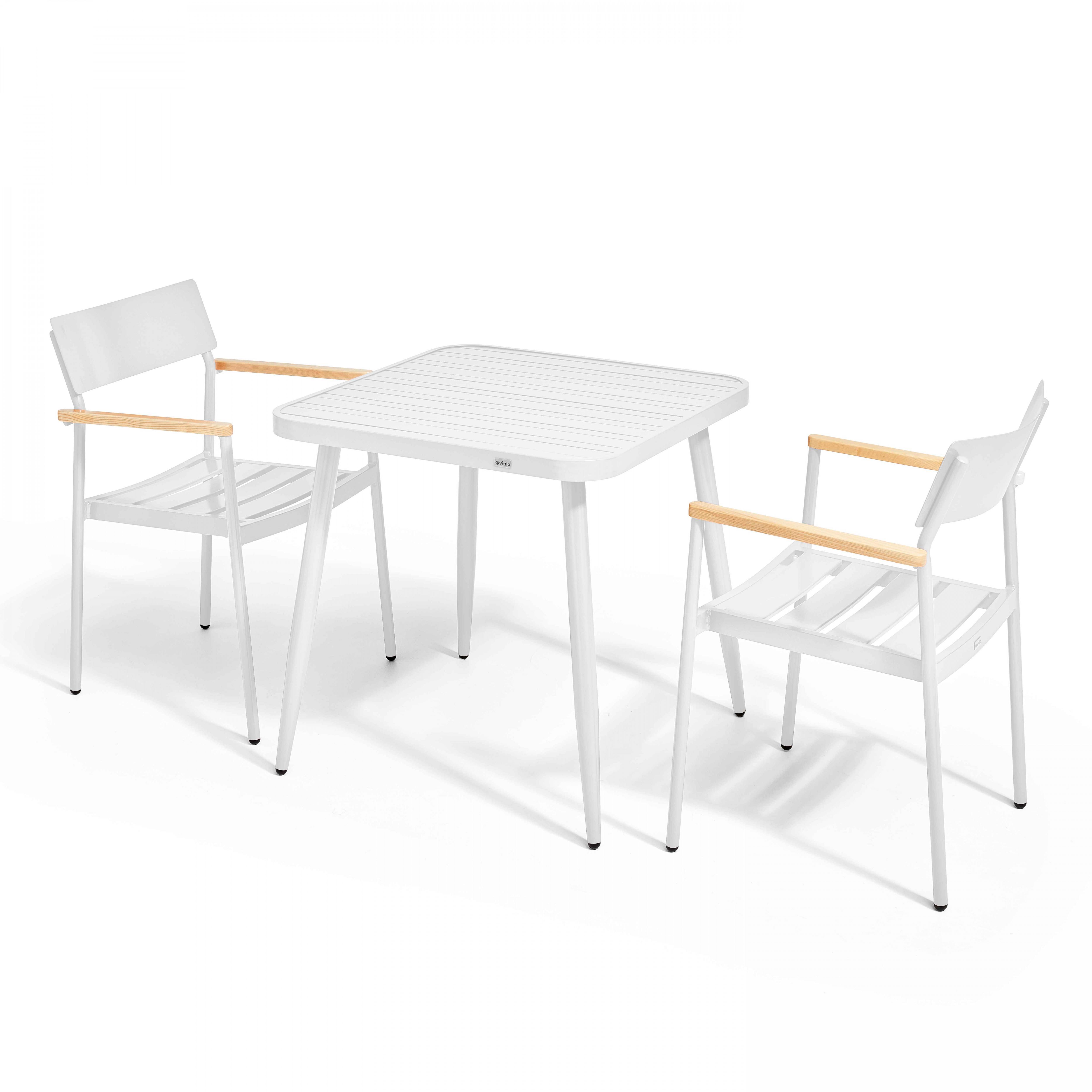 Ensemble table de jardin et 2 fauteuils en aluminium/bois blanc