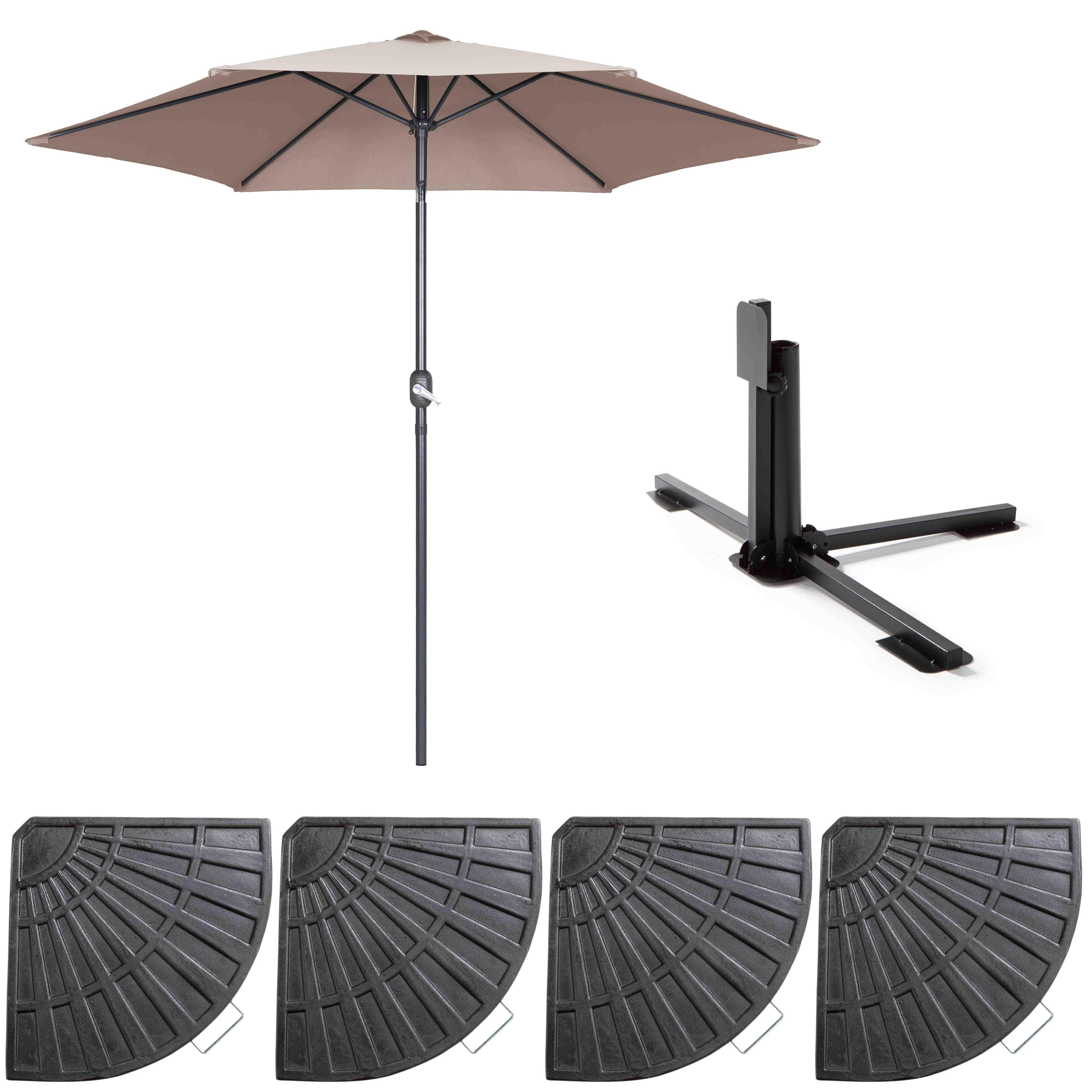 Parasol droit inclinable 3m et 4 dalles lestées aluminium taupe