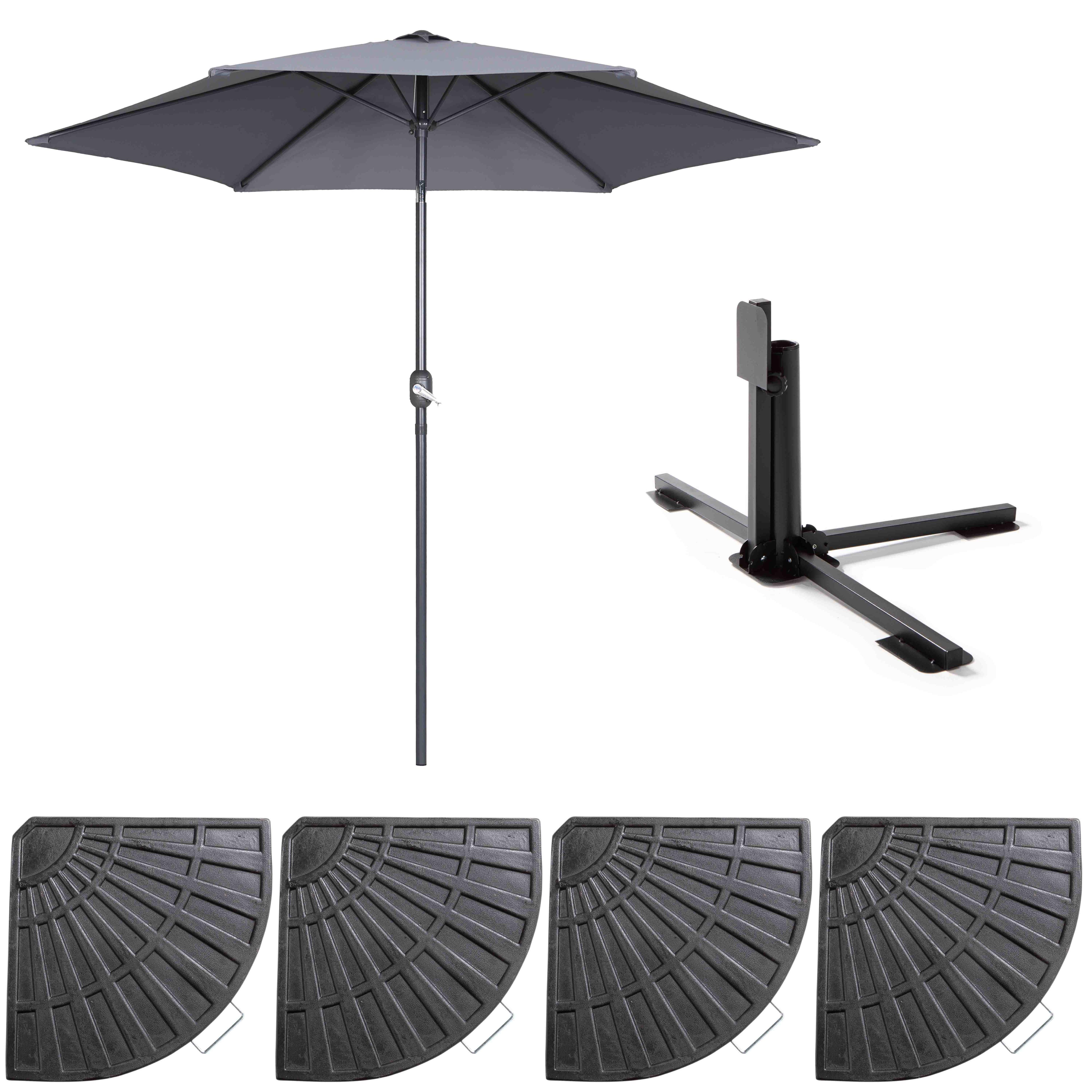 Parasol droit inclinable 3m et 4 dalles lestées aluminium gris