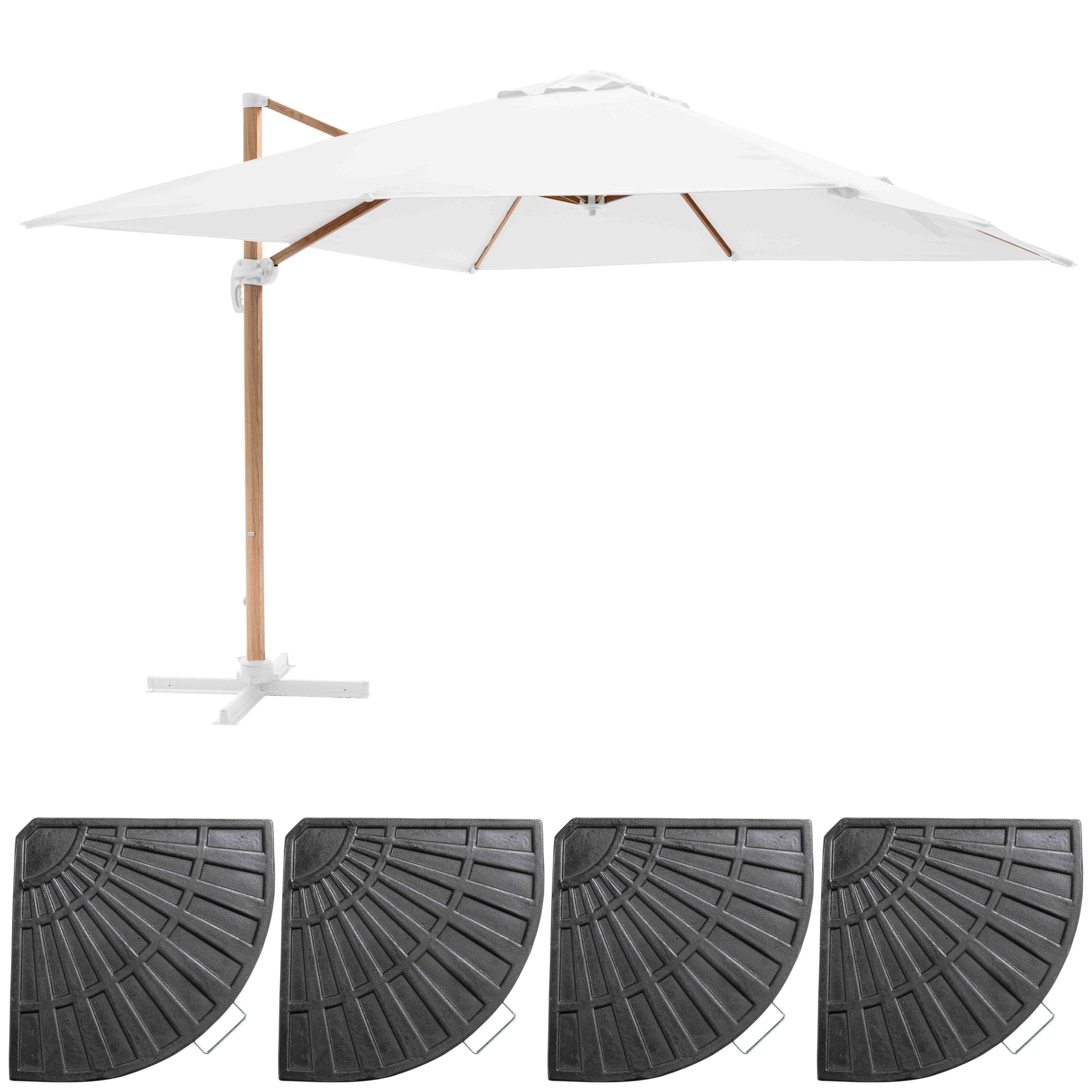 Parasol déporté 3x3m et 4 dalles lestées effet bois blanc