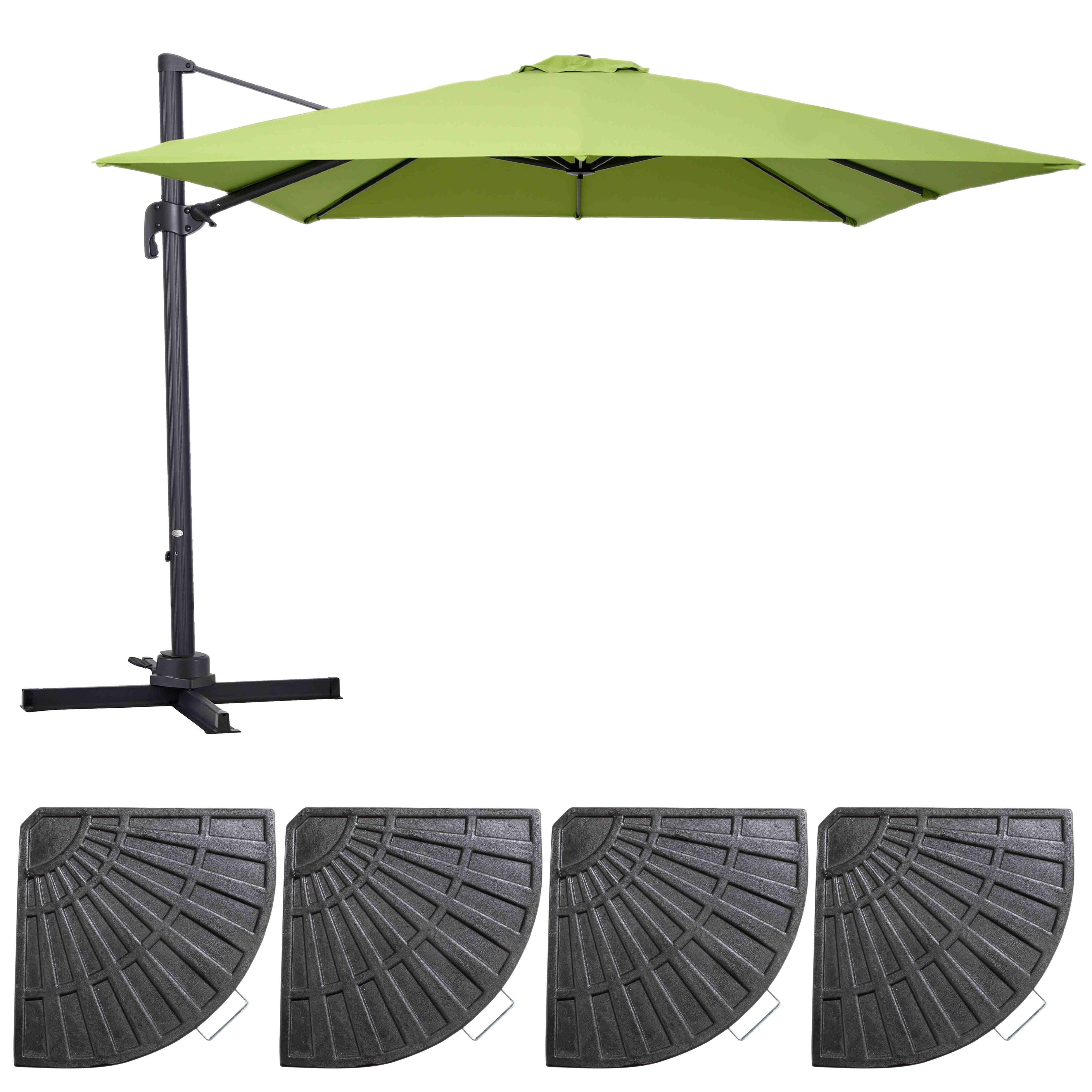 Parasol déporté 3x3m et 4 dalles lestées aluminium vert