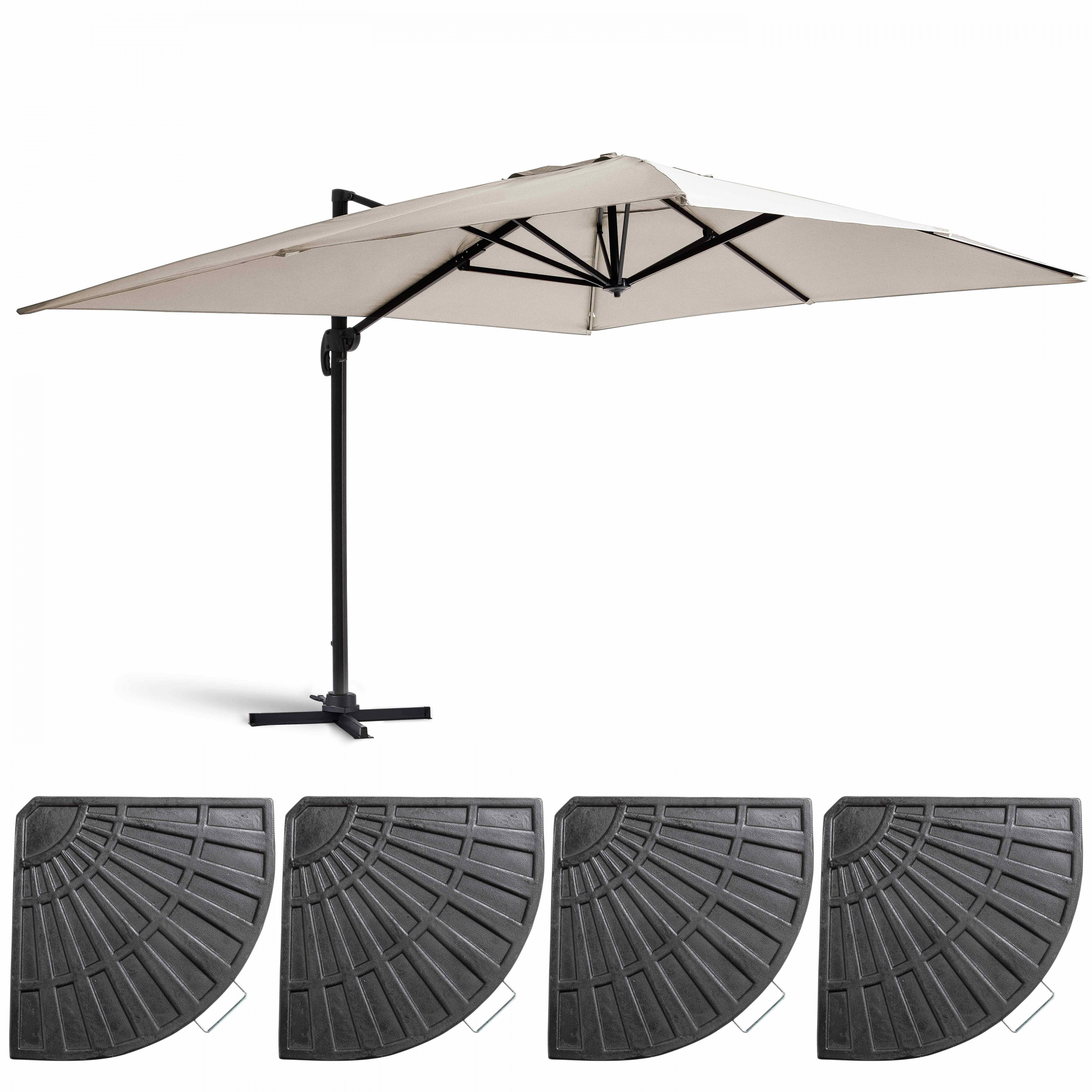 Parasol déporté 3x4m et 4 dalles lestées aluminium blanc