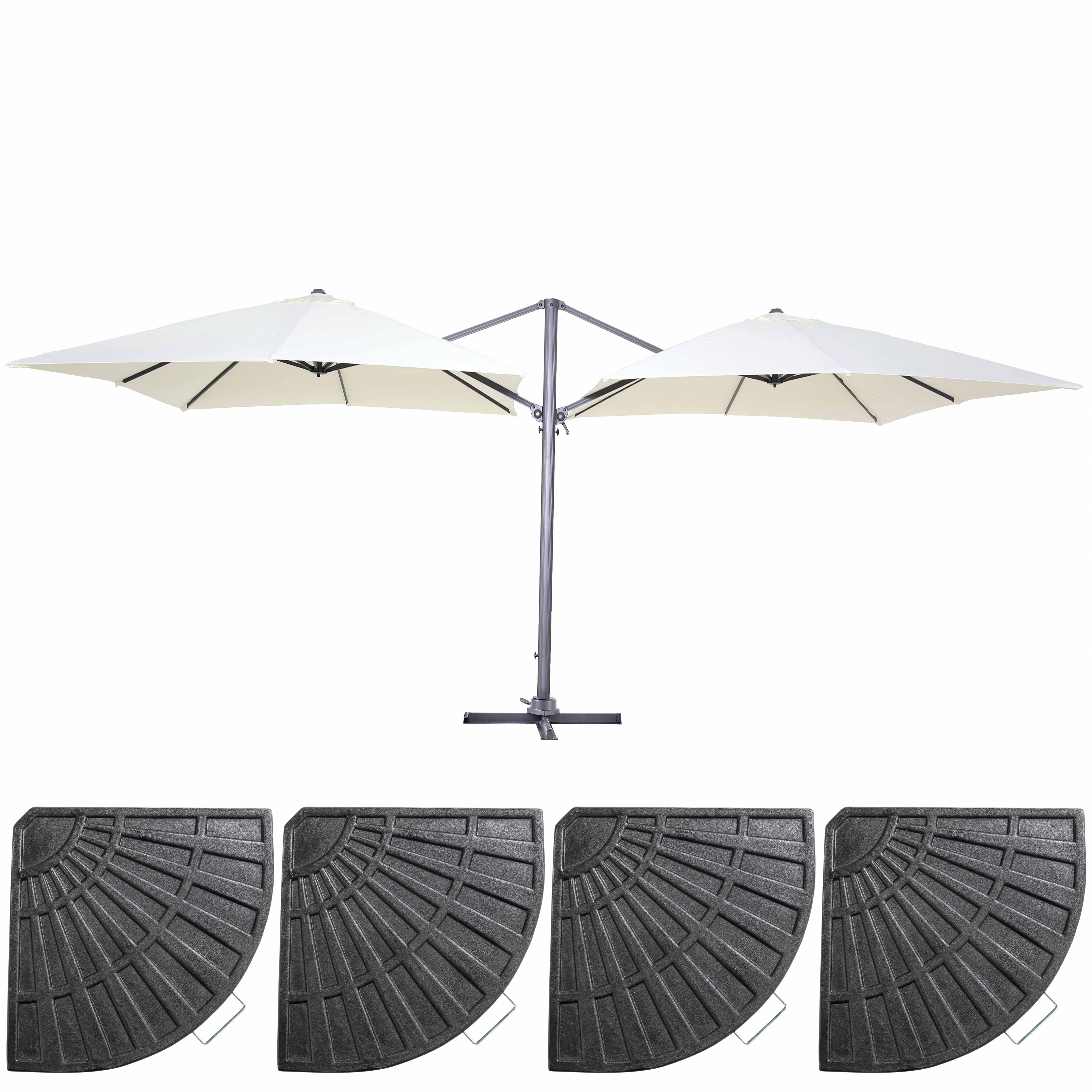 Double parasol déporté 3m et 4 dalles lestées aluminium blanc