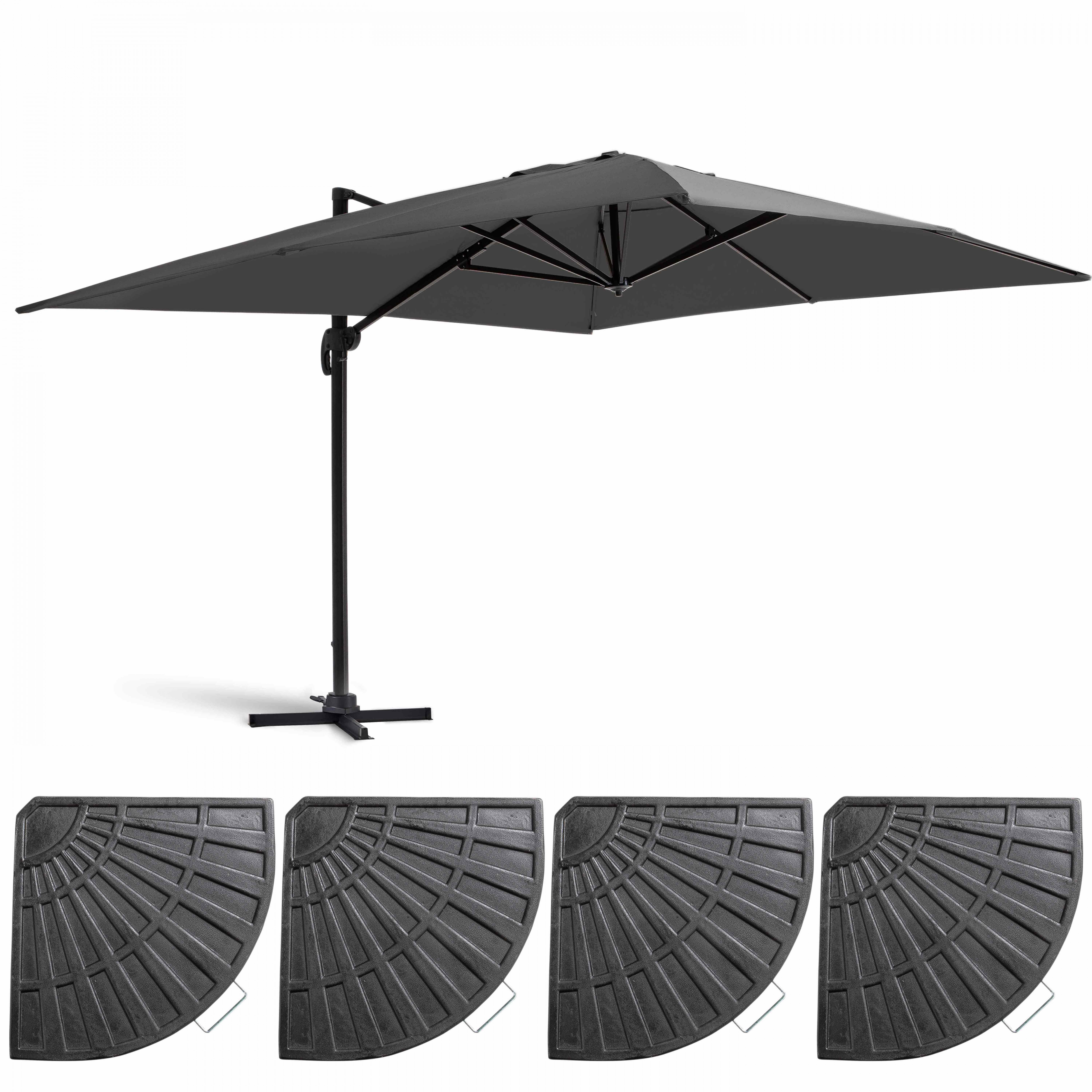 Parasol déporté 3x4m et 4 dalles lestées aluminium gris anthracite