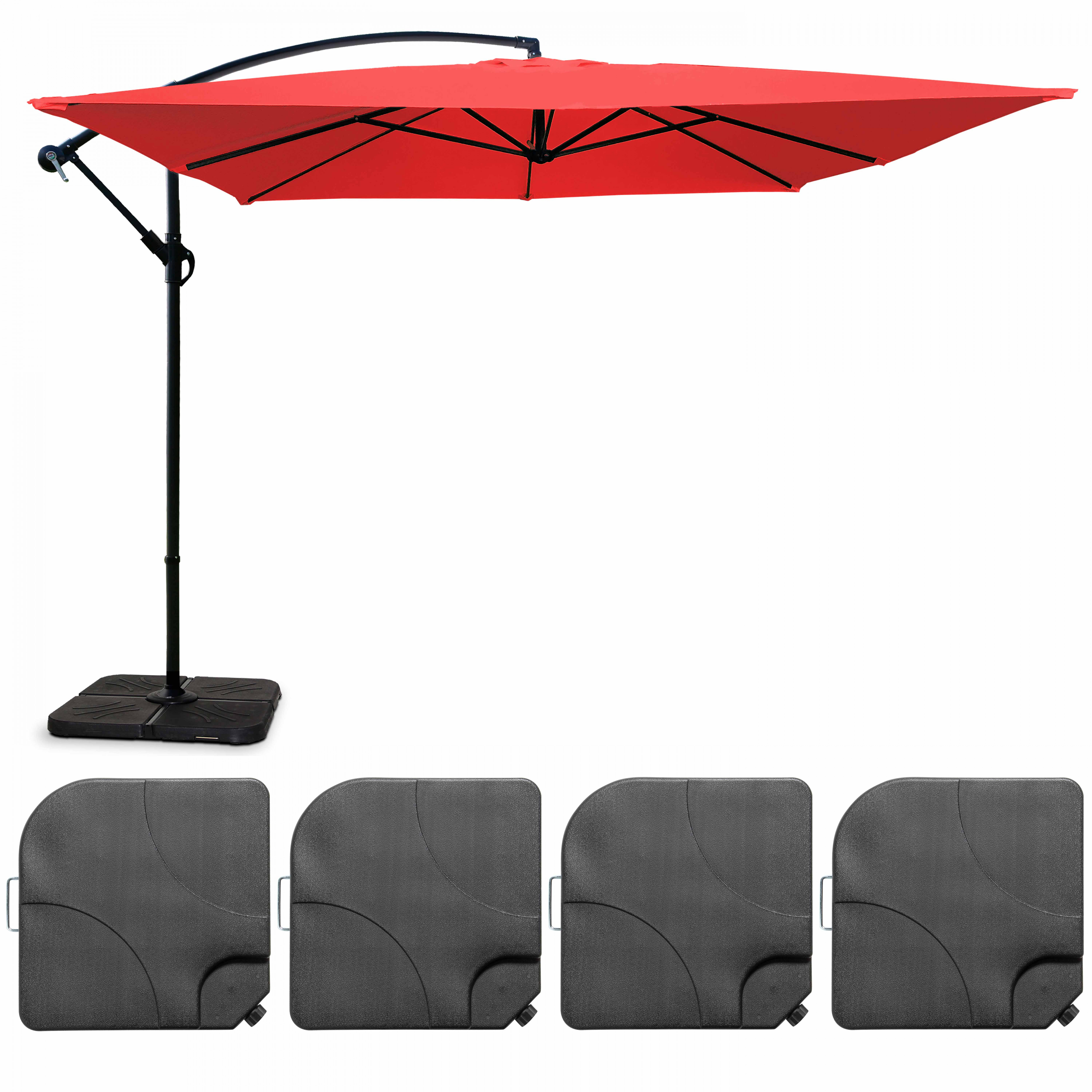 Parasol déporté 3x3m et 4 dalles à remplir aluminium rouge