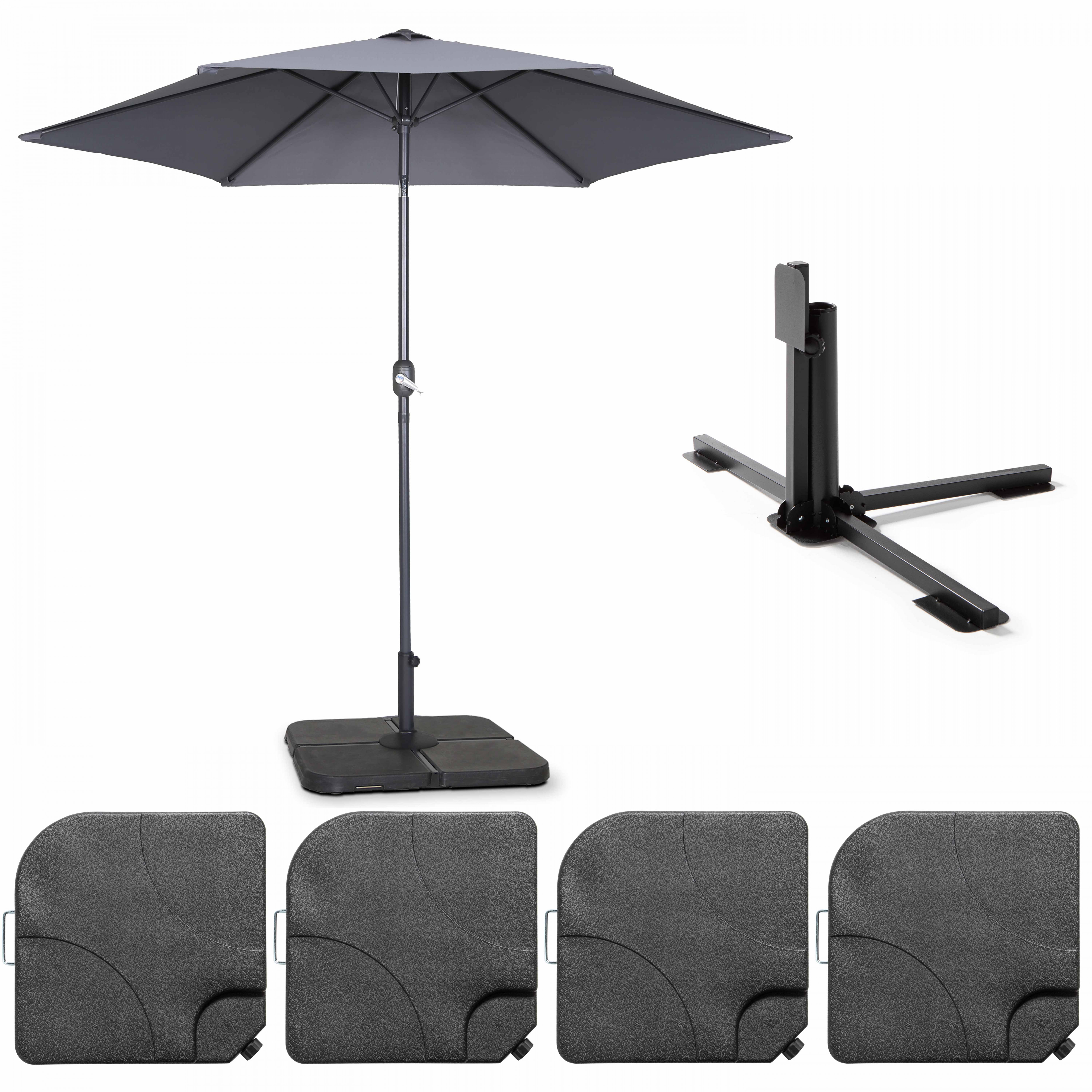 Parasol droit inclinable 3m et 4 dalles à lester remplissables gris