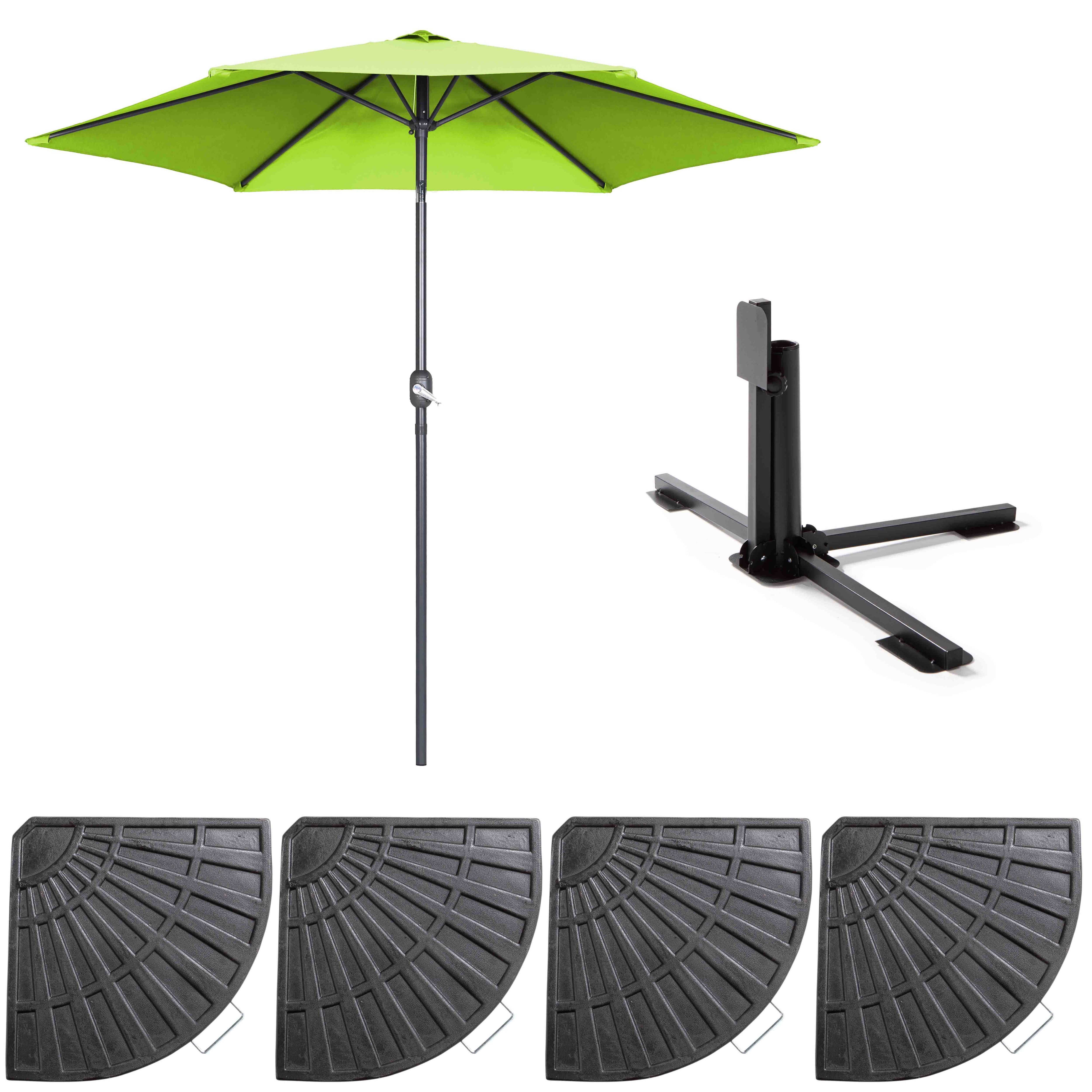 Parasol droit inclinable 3m et 4 dalles lestées aluminium vert