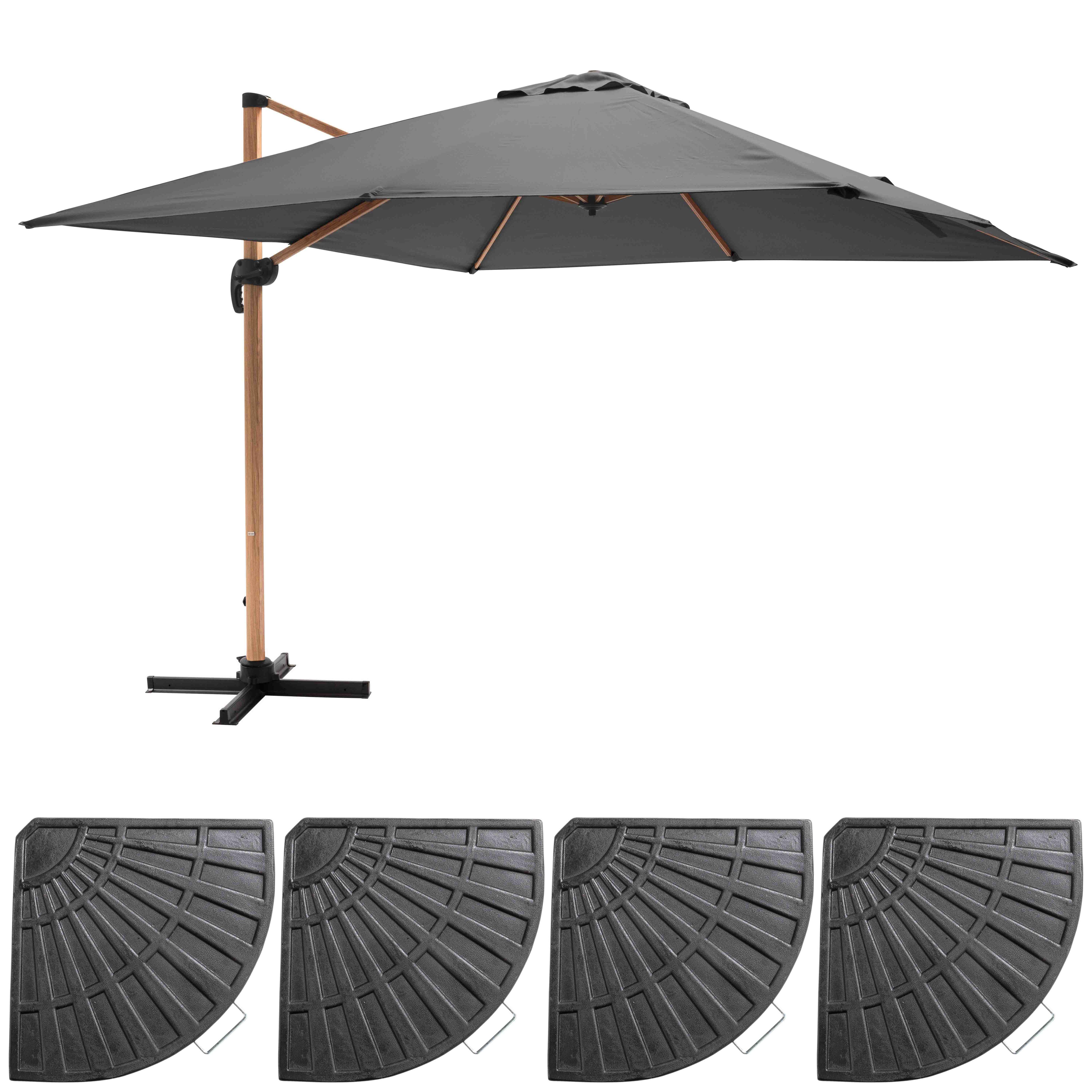 Parasol déporté 3x3m et 4 dalles lestées effet bois gris