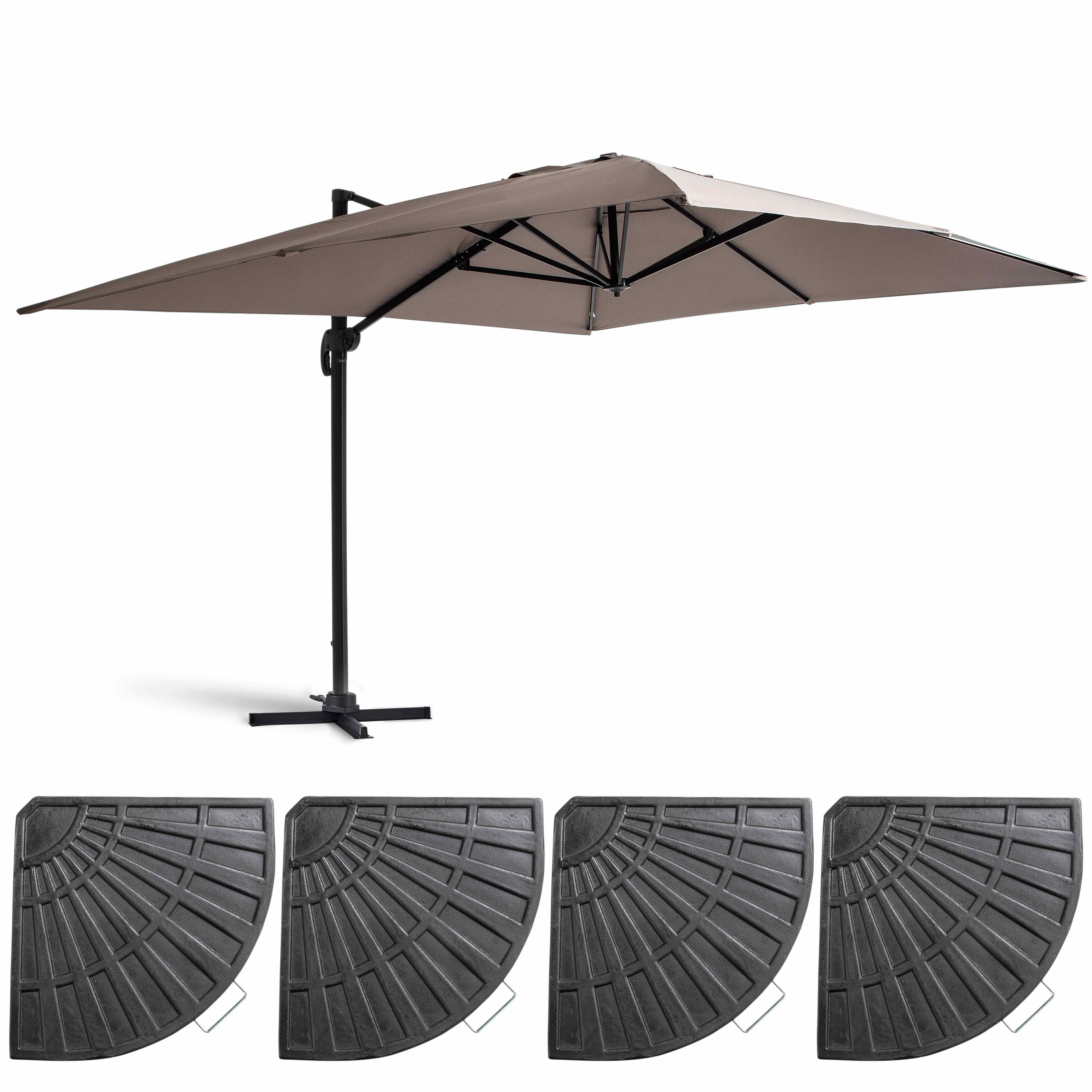 Parasol déporté 3x4m et 4 dalles lestées aluminium taupe