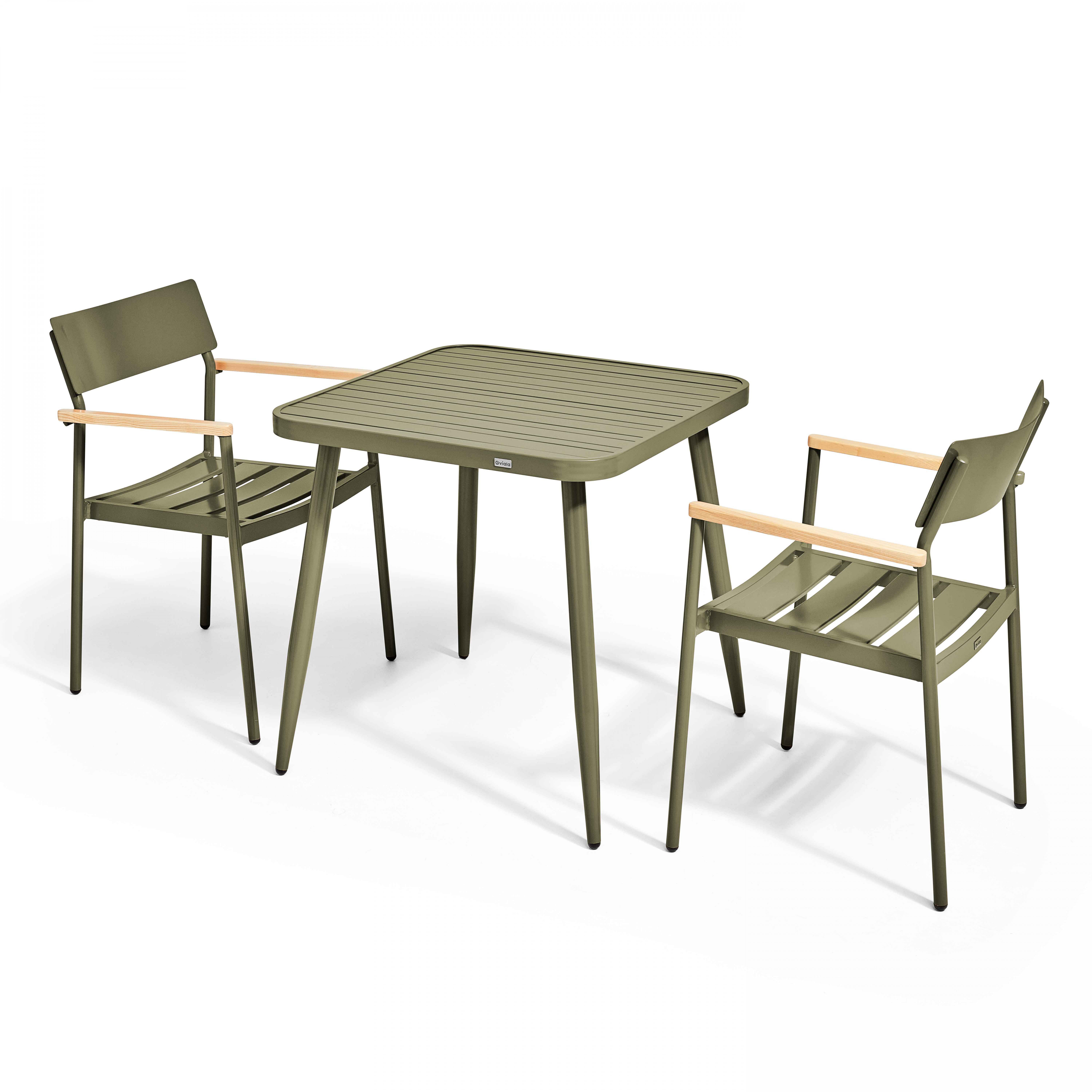 Ensemble table de jardin et 2 fauteuils en aluminium/bois vert kaki