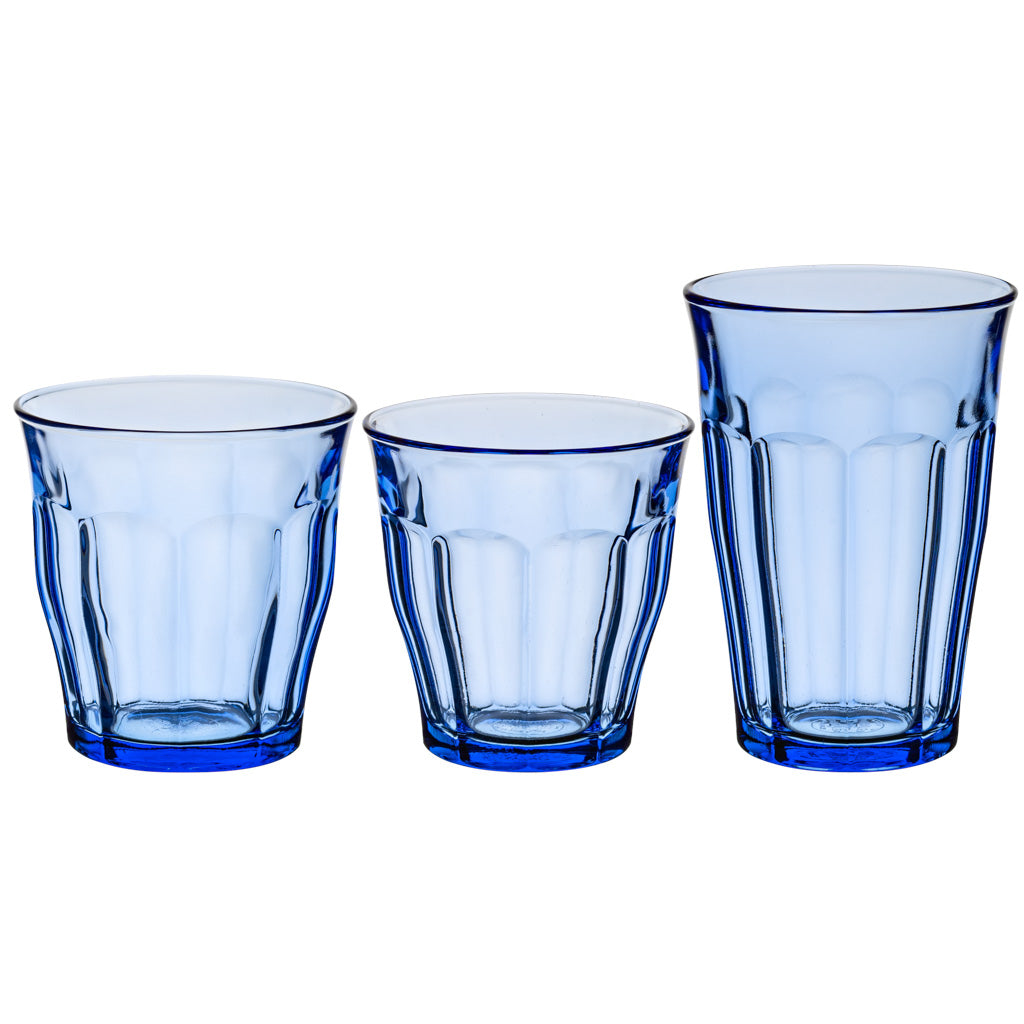 lot de 18 - verre à eau 25,31 et 36 cl en verre résistant teinté bleu