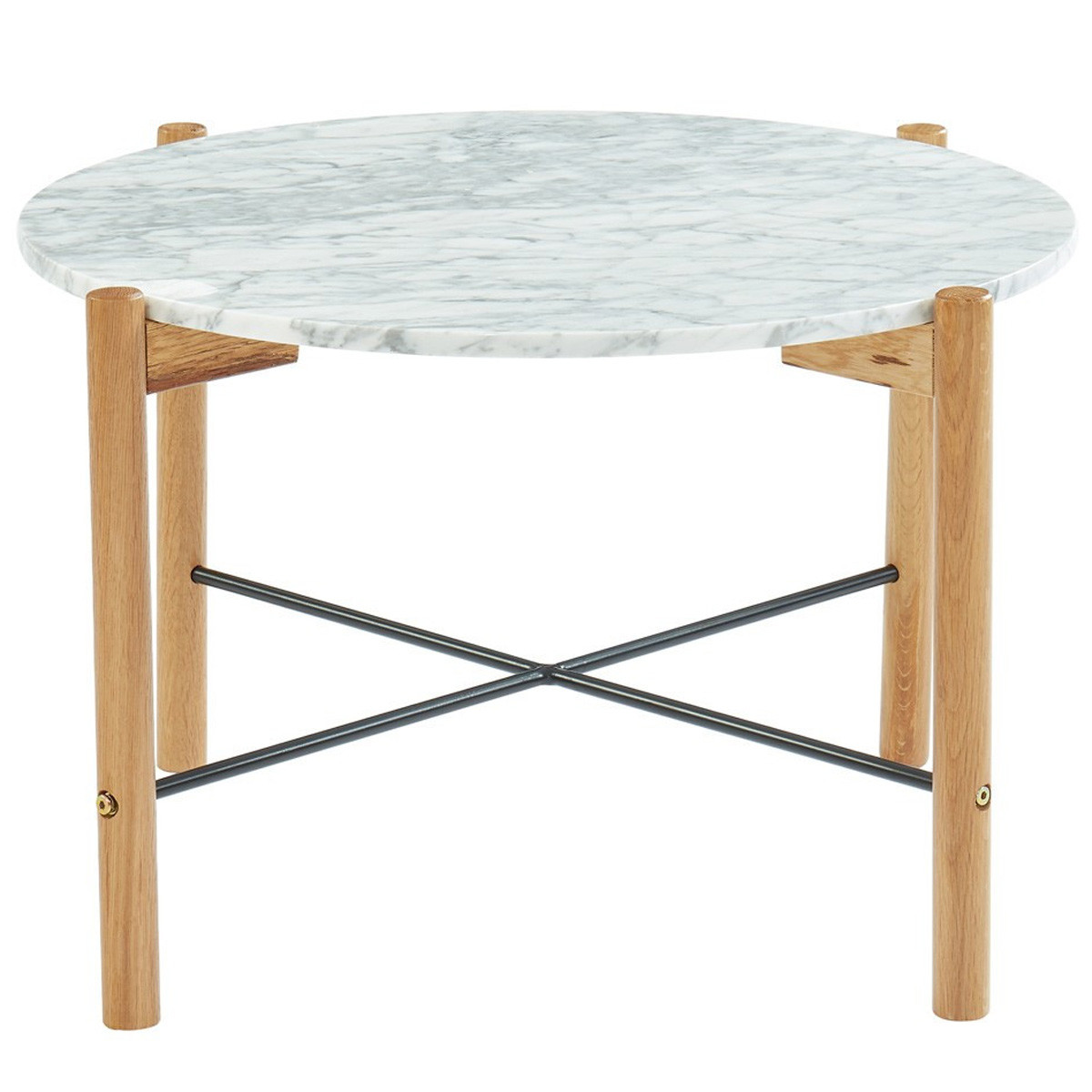 Table basse ronde 60 cm en marbre blanc et pieds en chêne