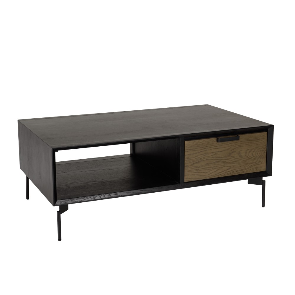 Table basse noire 1 niche 2 tiroirs marron foncé pieds métal