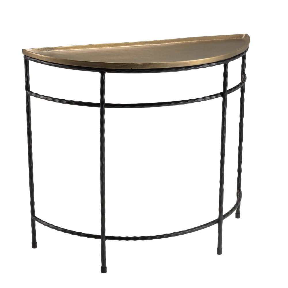 Console demi-lune 90x36cm alu doré pieds métal noirs torsadés