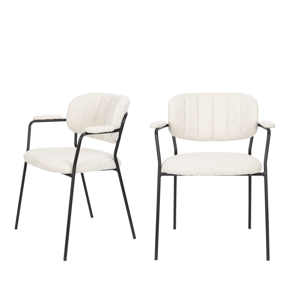 Lot de 2 chaises avec accoudoirs bouclette et pieds noirs – Écru