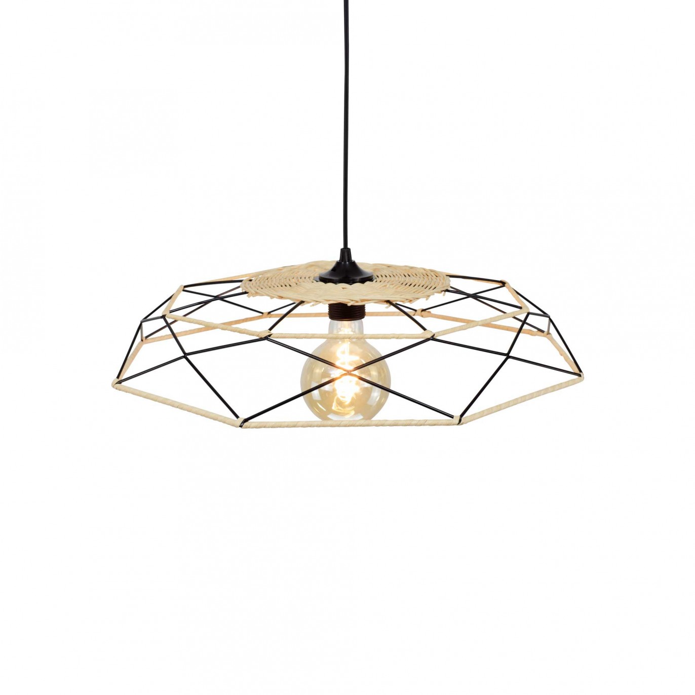 Suspension petit modèle en métal noir et rotin naturel