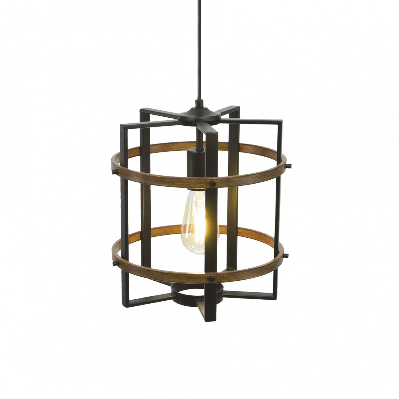 Suspension en métal noir et peinture effet bois