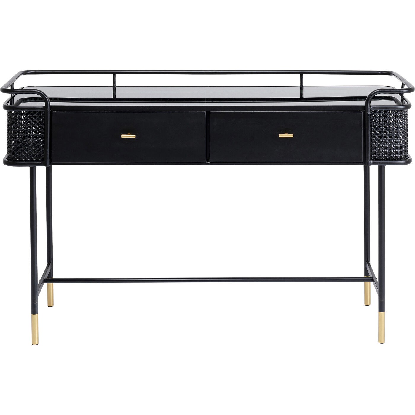 Console 2 tiroirs en verre et acier noir