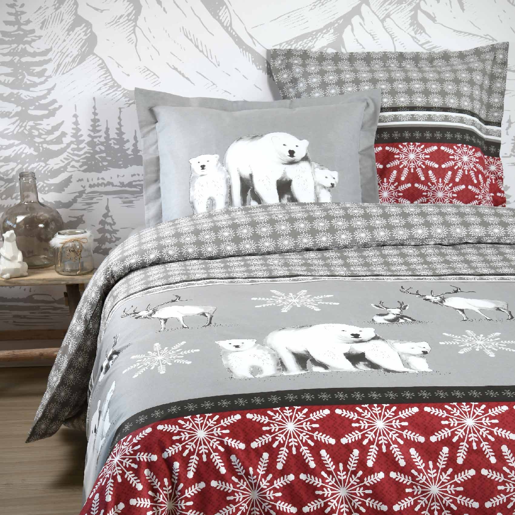 parure de lit ours à la montagne coton rouge 240x220 cm