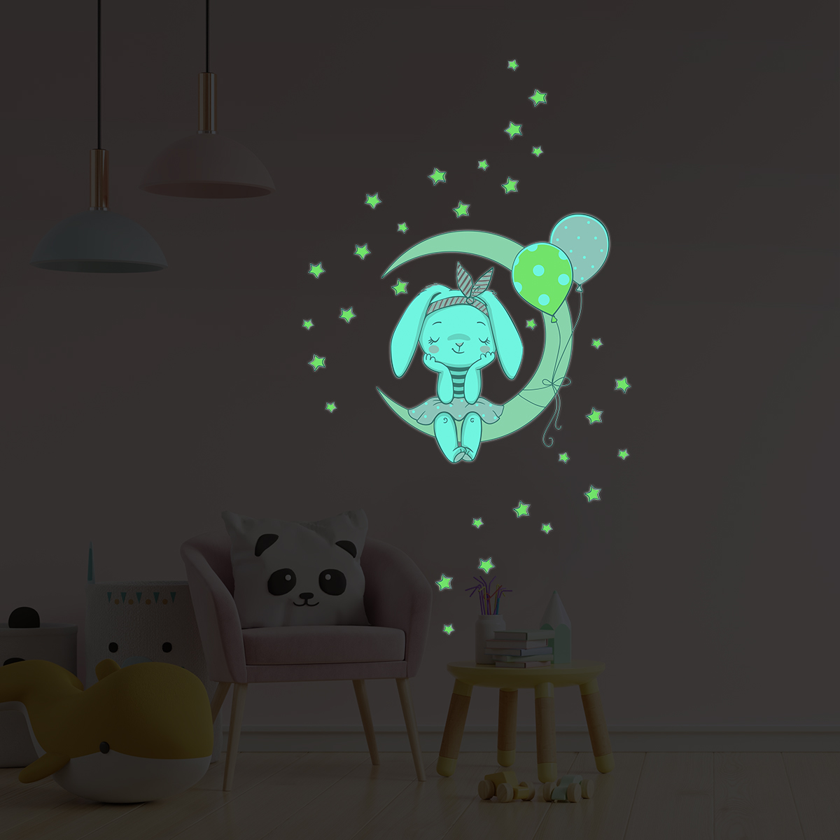 Stickers mural phosphorescents lumineux lapin 55x50cm