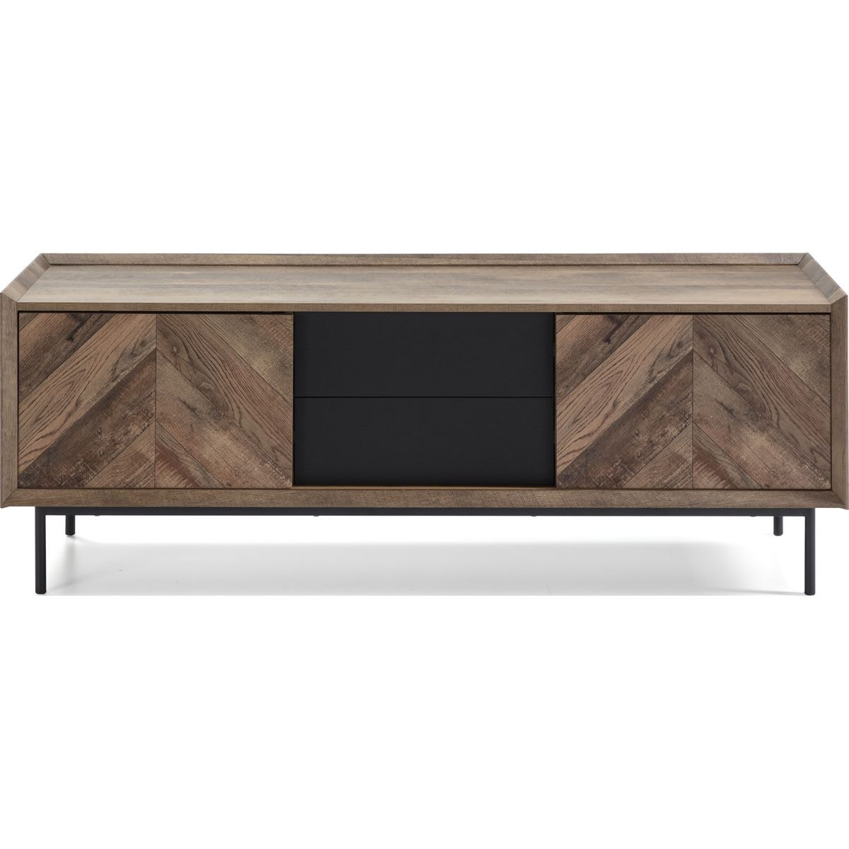 Meuble TV 2 portes 2 tiroirs effet chêne à chevrons / noir 147 cm